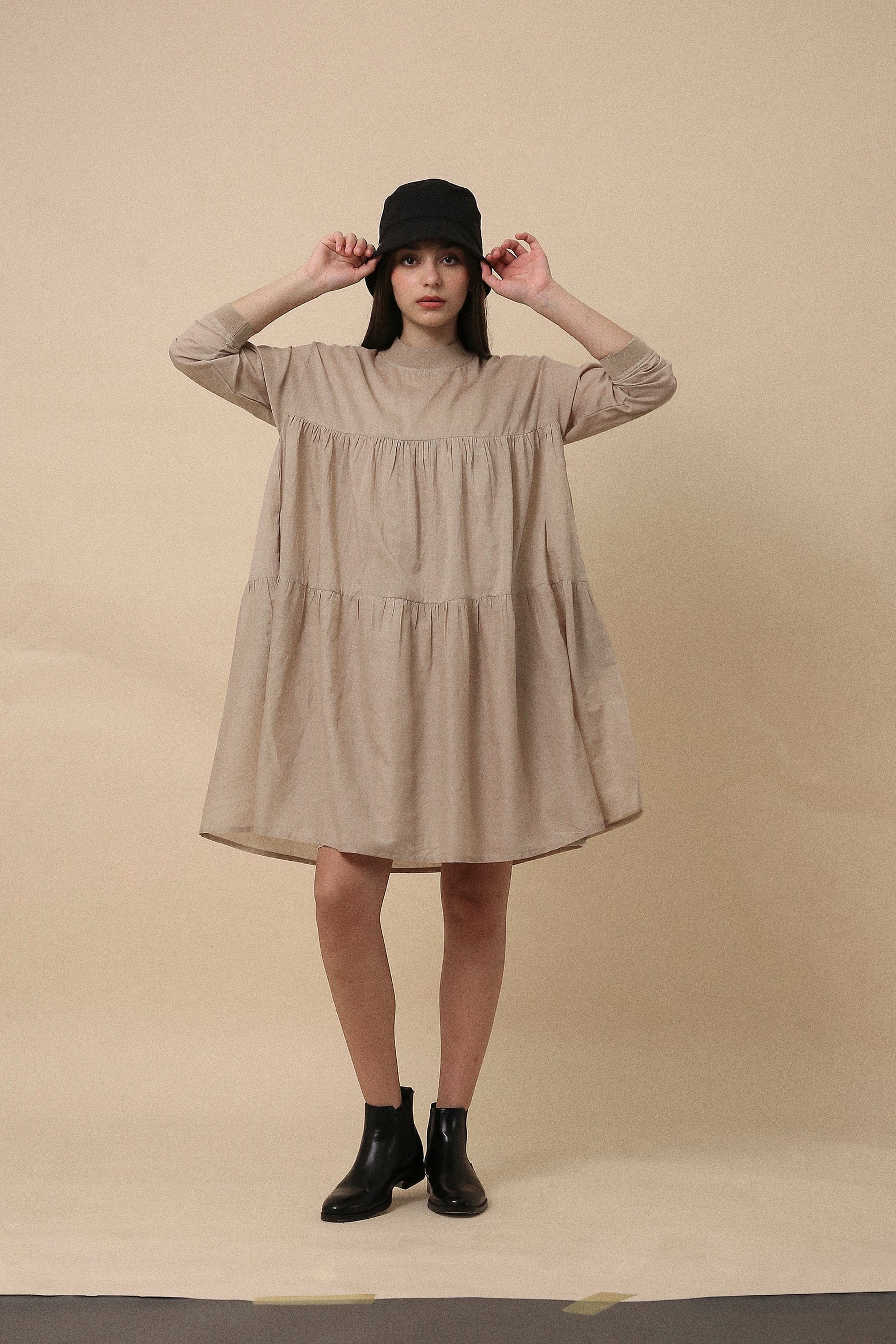 Sand cotton mul tiered dress with deep side pockets – handmade in India by MATIsses Sand Rib Vena Dress