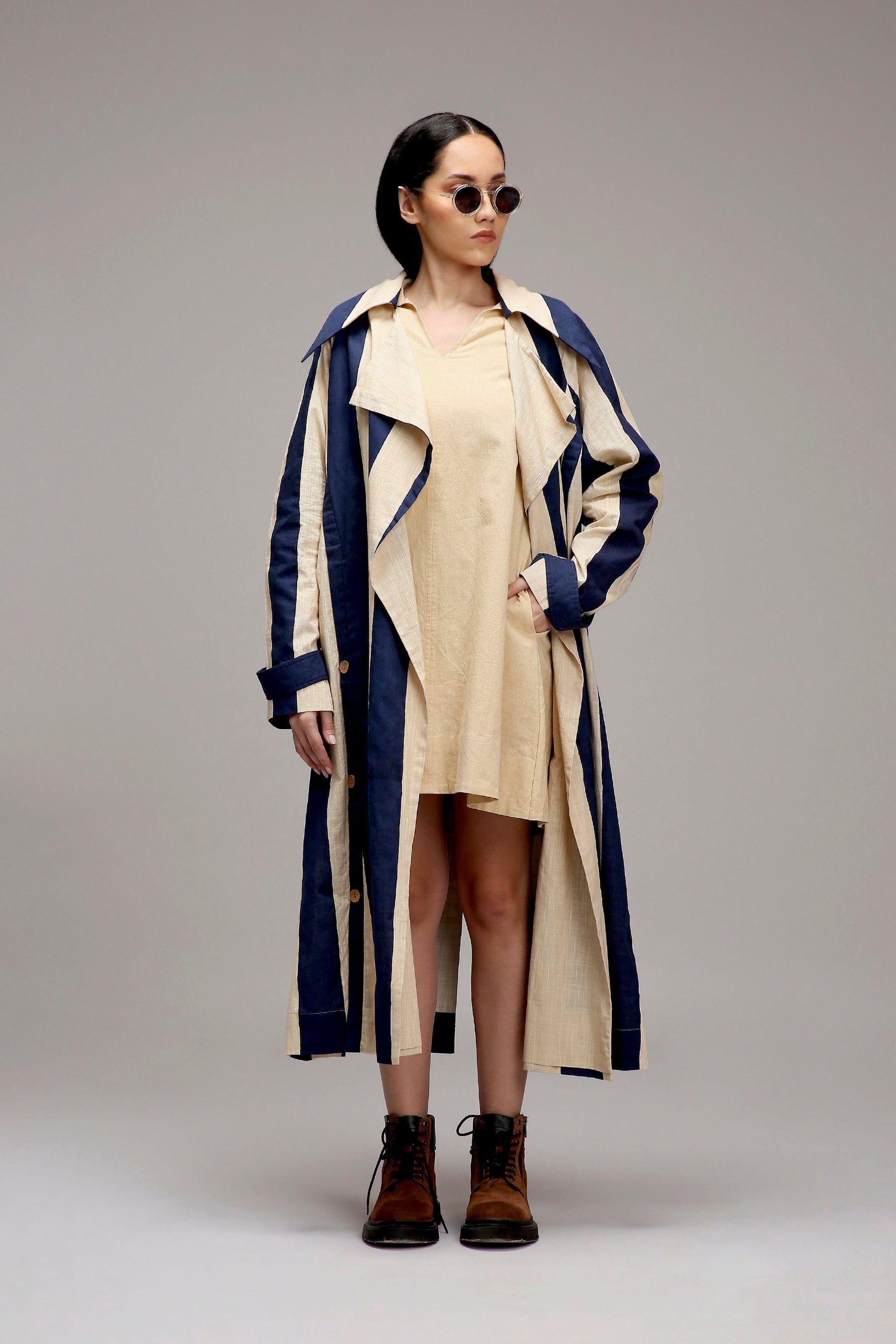Handwoven cotton Egg-Shell (Off-White) A-line dress and joker embroidery stripe jacket full view by MATI India