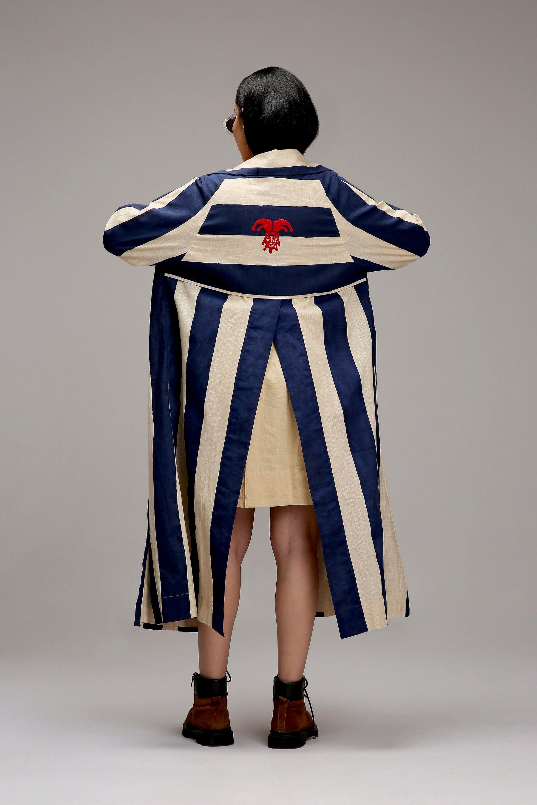 Handwoven cotton Egg-Shell (Off-White) A-line dress and joker embroidery stripe jacket full view by MATI India