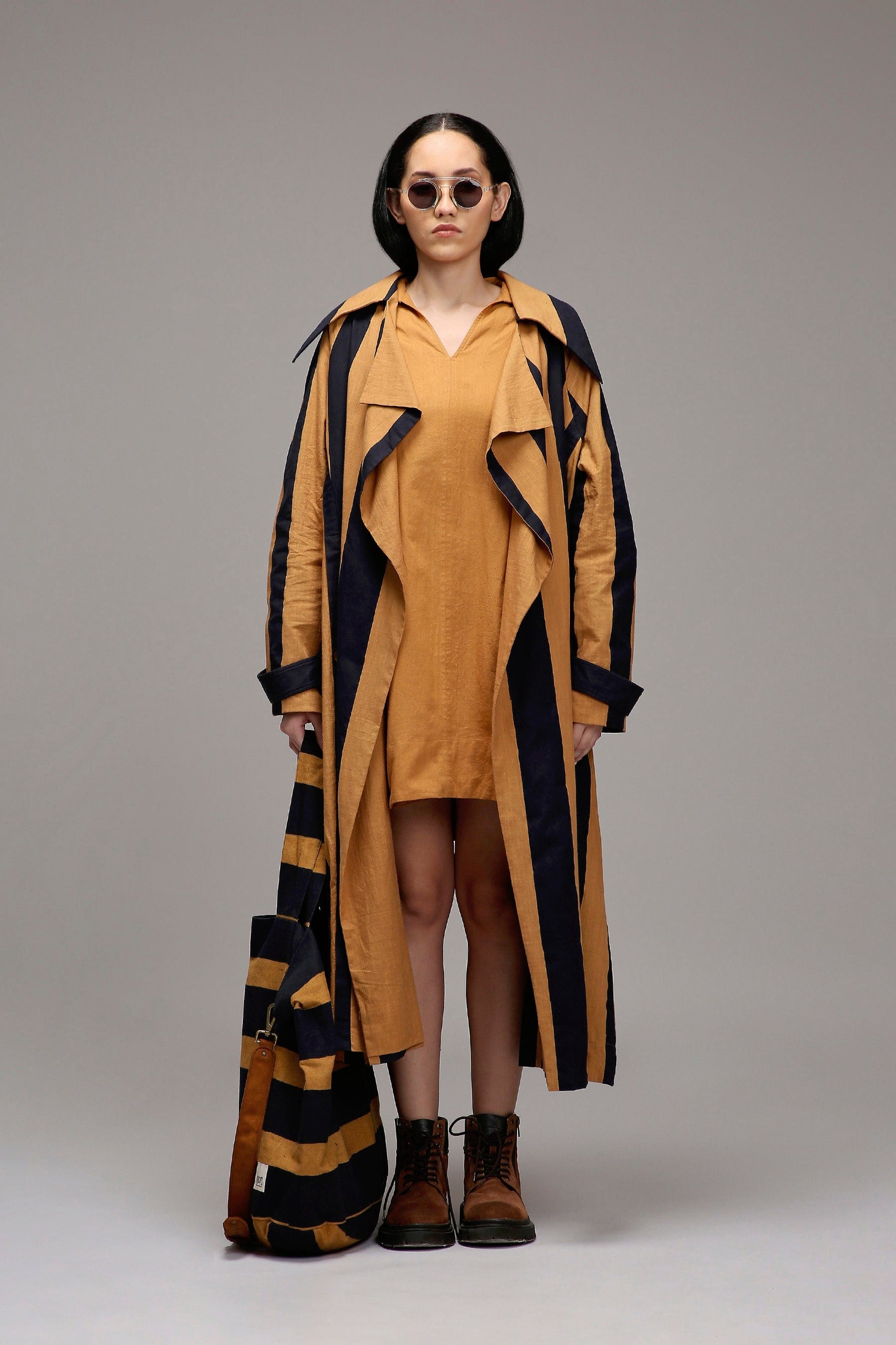 Handwoven cotton Tan-Brown (Brown) A-line dress and joker jacket co-ord set full view by MATI India