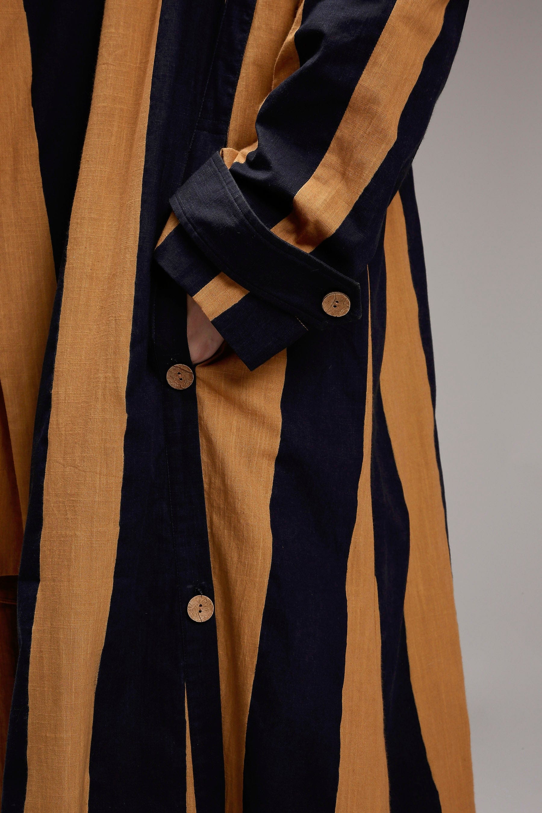 Handwoven cotton Tan-Brown (Brown) A-line dress and joker jacket co-ord set full view by MATI India