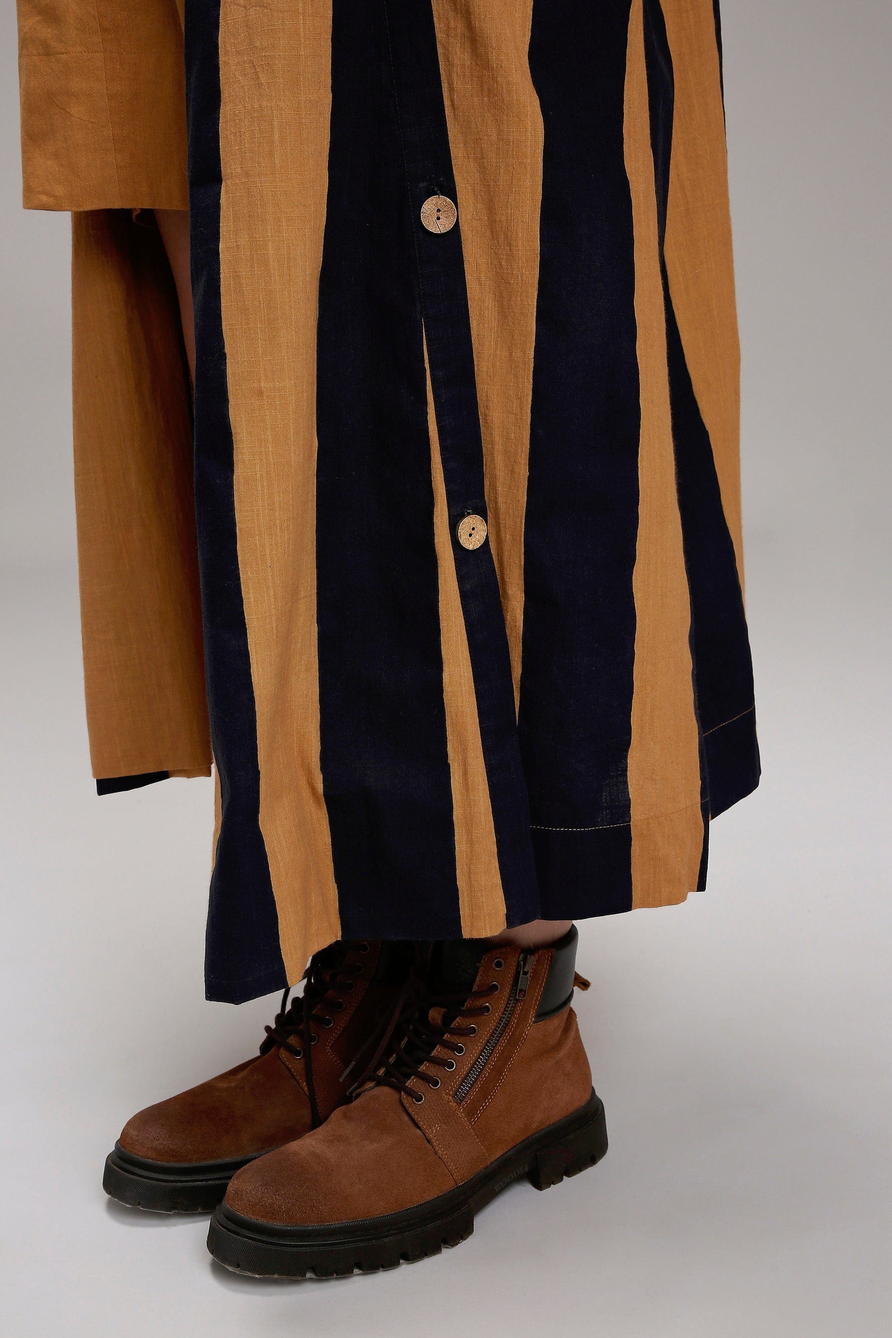 Handwoven cotton Tan-Brown (Brown) A-line dress and joker jacket co-ord set full view by MATI India