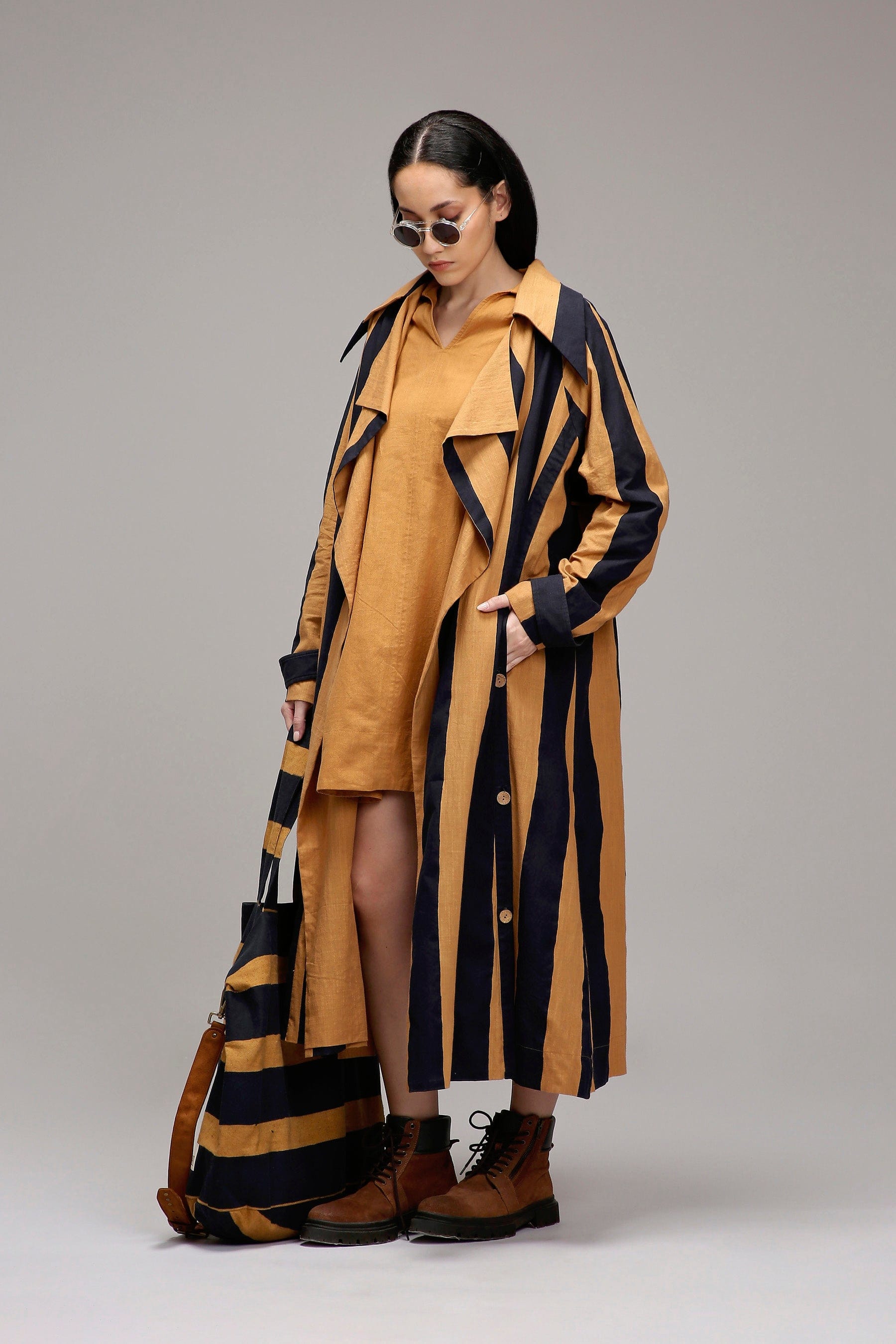 Handwoven cotton Tan-Brown (Brown) A-line dress and joker jacket co-ord set full view by MATI India