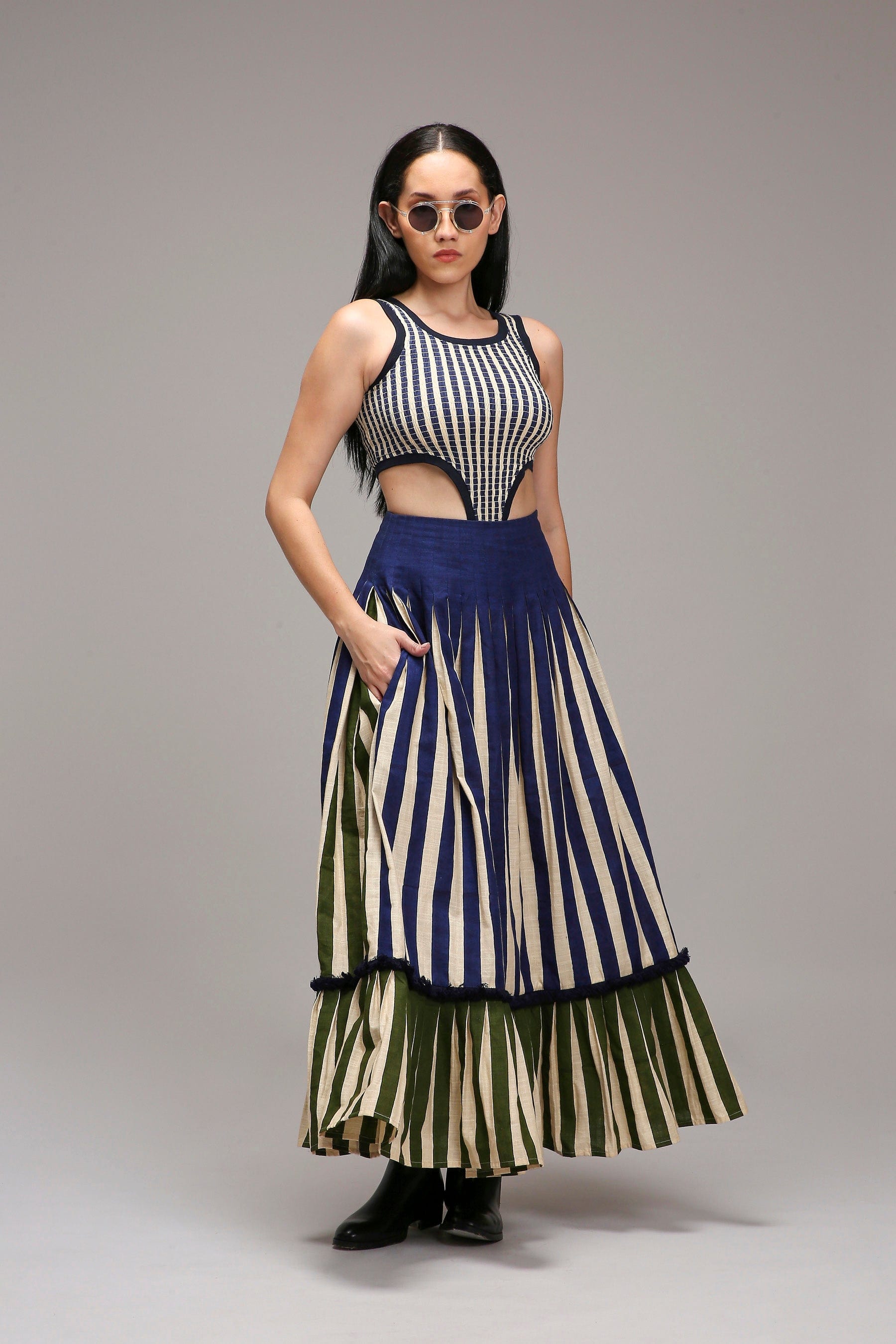 Handwoven cotton 2-piece bodysuit and skirt co-ord set Egg-Shell (Off-White) with dual striped pleated skirt by MATI India
