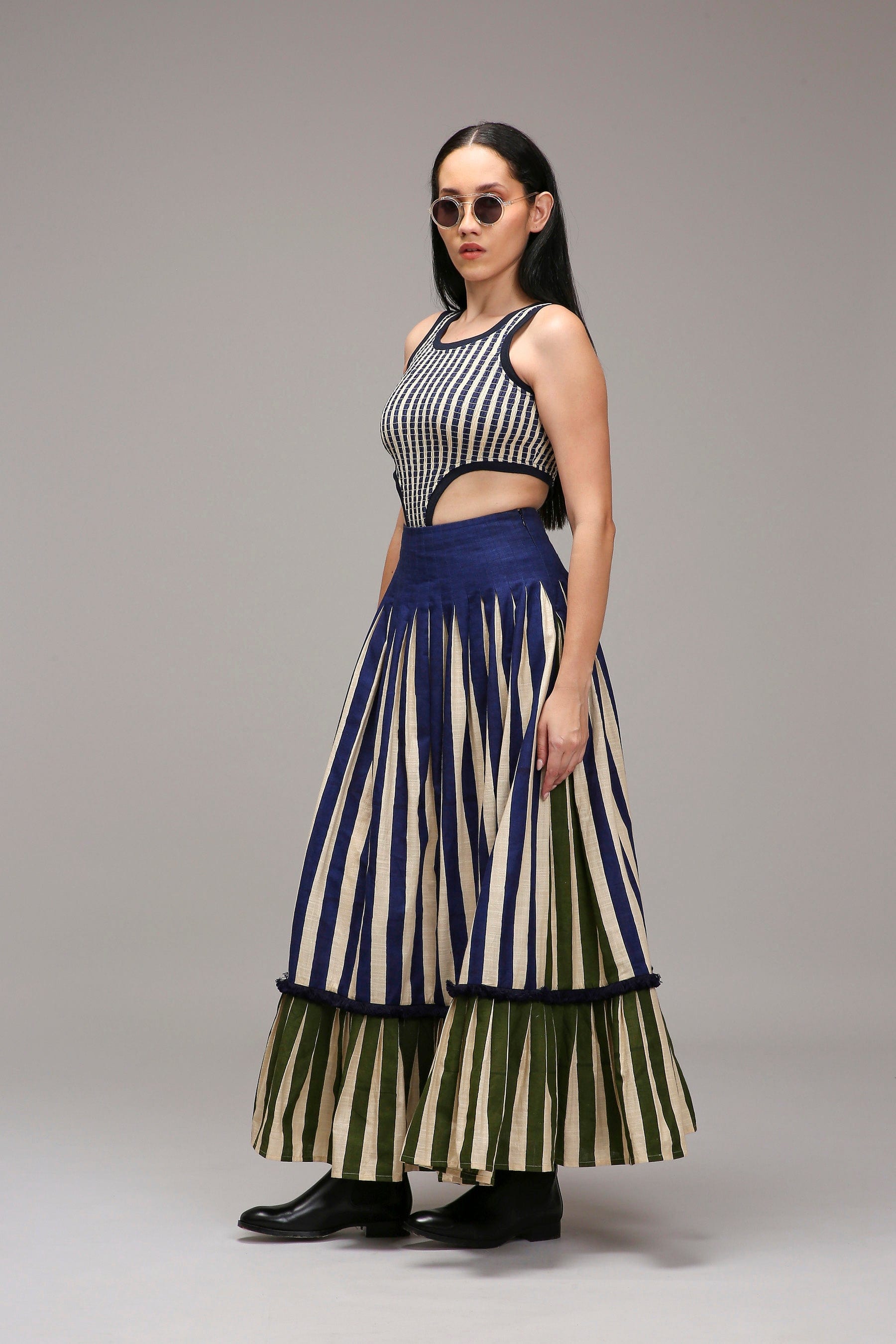 Handwoven cotton 2-piece bodysuit and skirt co-ord set Egg-Shell (Off-White) with dual striped pleated skirt by MATI India