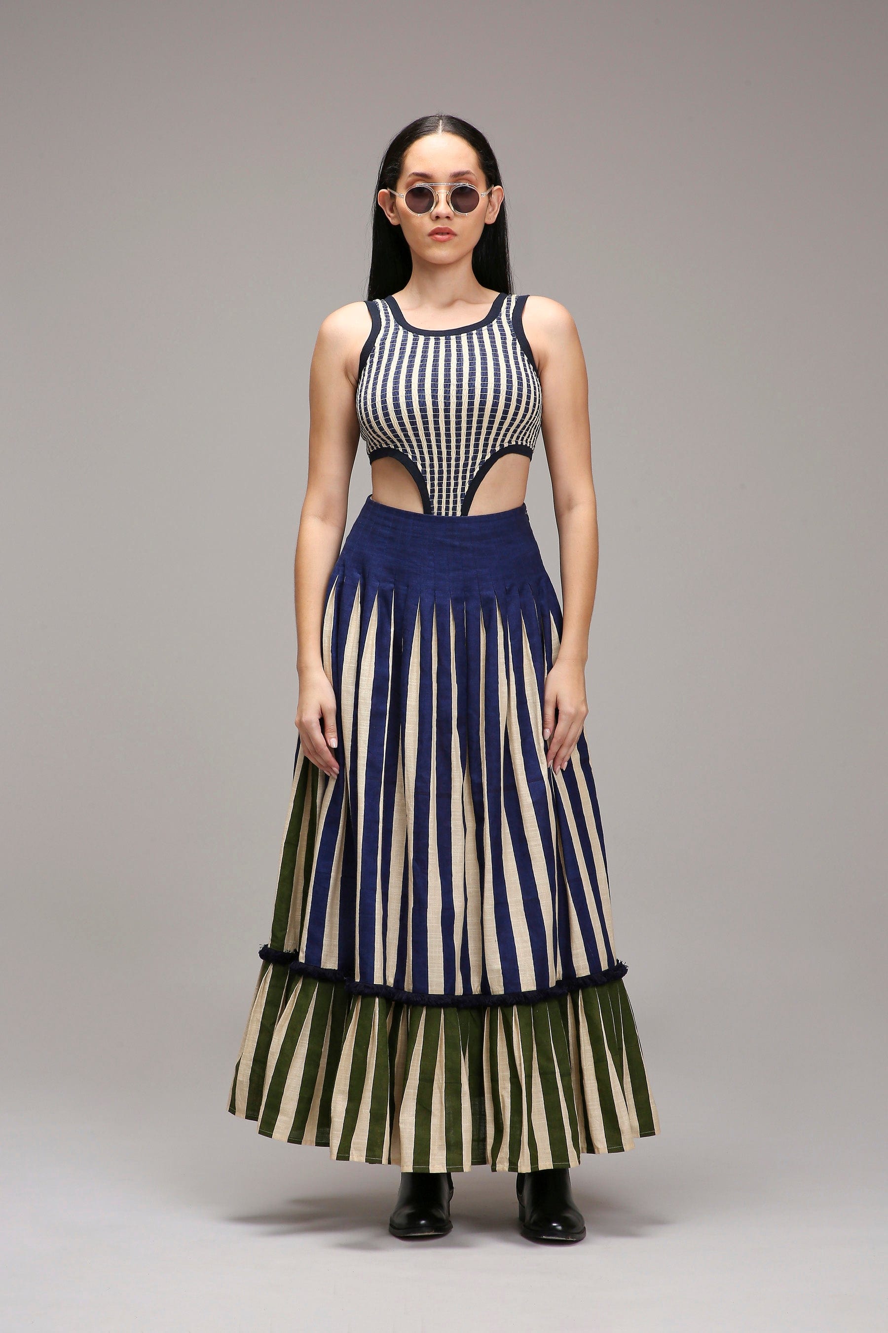 Handwoven cotton 2-piece bodysuit and skirt co-ord set Egg-Shell (Off-White) with dual striped pleated skirt by MATI India