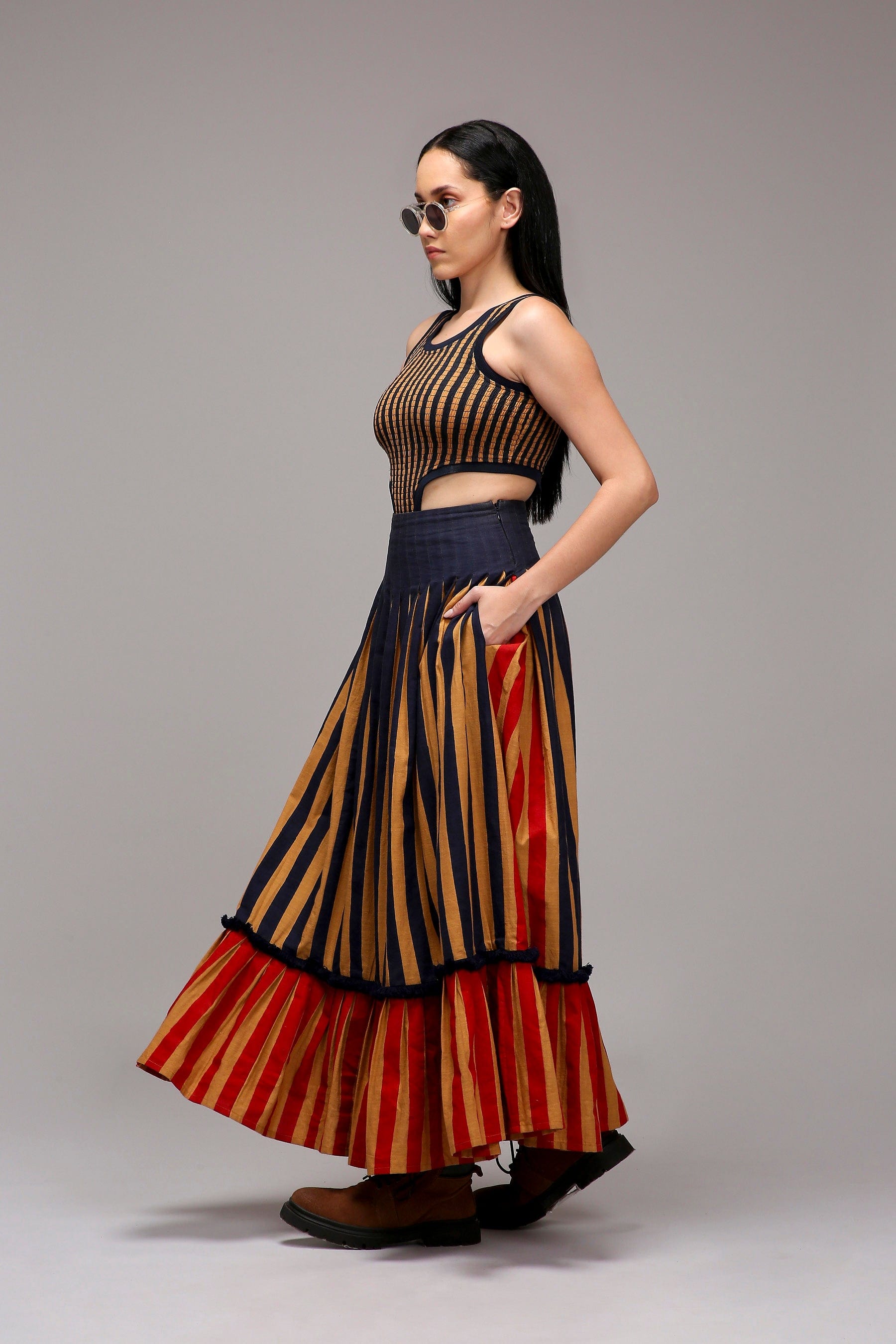 Handwoven cotton 2-piece bodysuit and skirt co-ord set Tan-Brown (Brown) with dual striped pleated skirt by MATI India