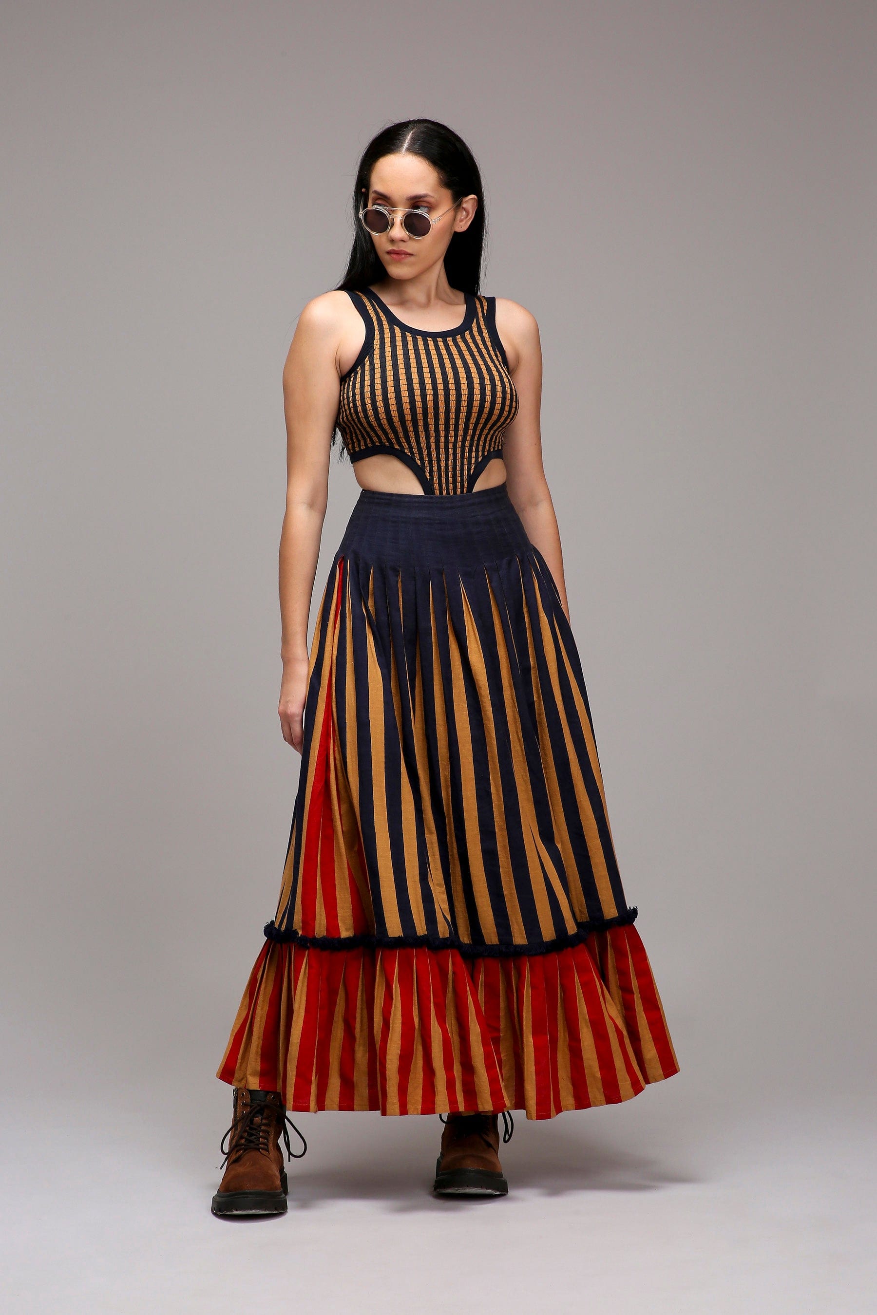 Handwoven cotton 2-piece bodysuit and skirt co-ord set Tan-Brown (Brown) with dual striped pleated skirt by MATI India