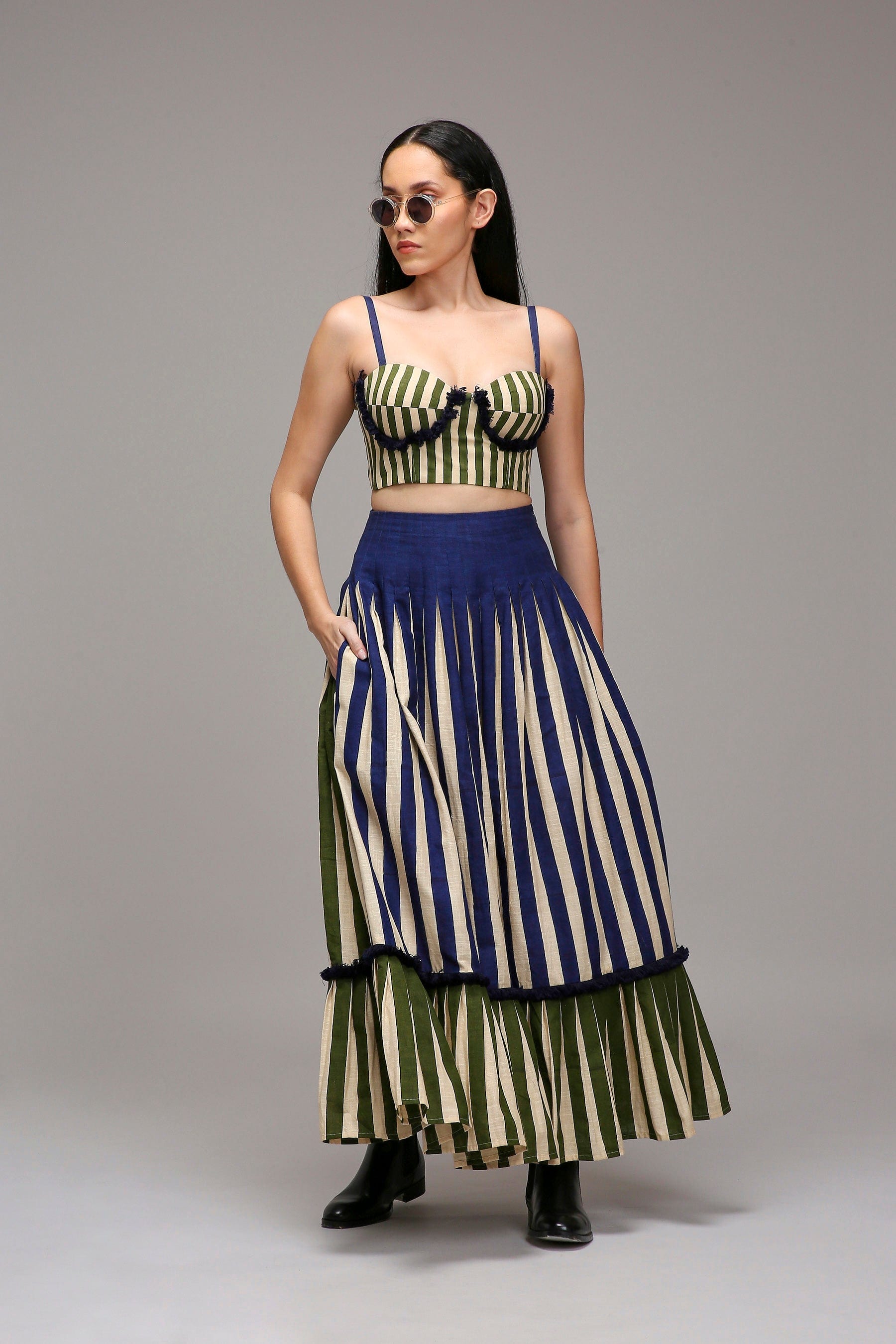 Handwoven cotton 2-piece fringed corset and skirt co-ord set Egg-Shell (Off-White) with dual striped skirt by MATI India