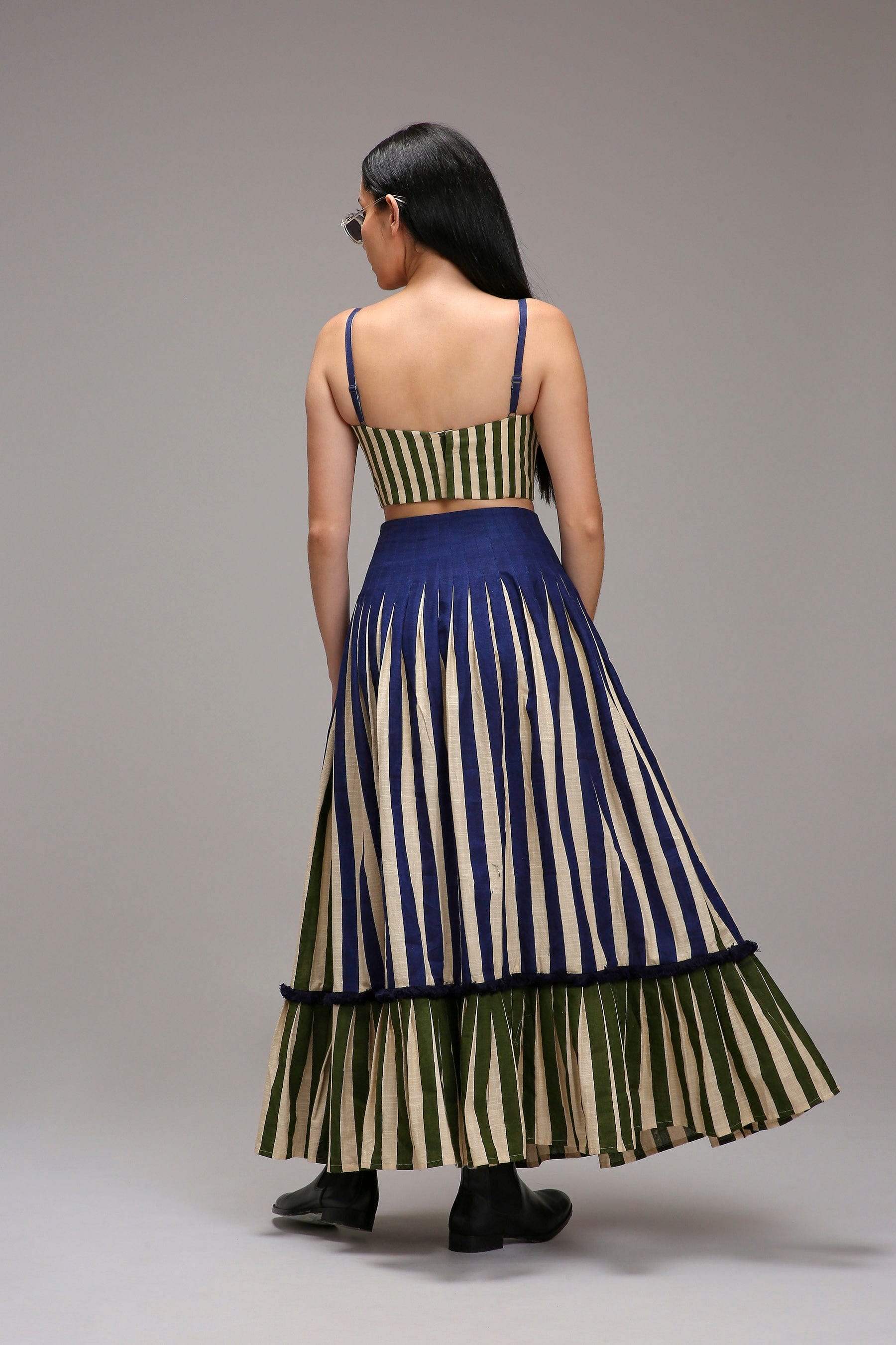 Handwoven cotton 2-piece fringed corset and skirt co-ord set Egg-Shell (Off-White) with dual striped skirt by MATI India