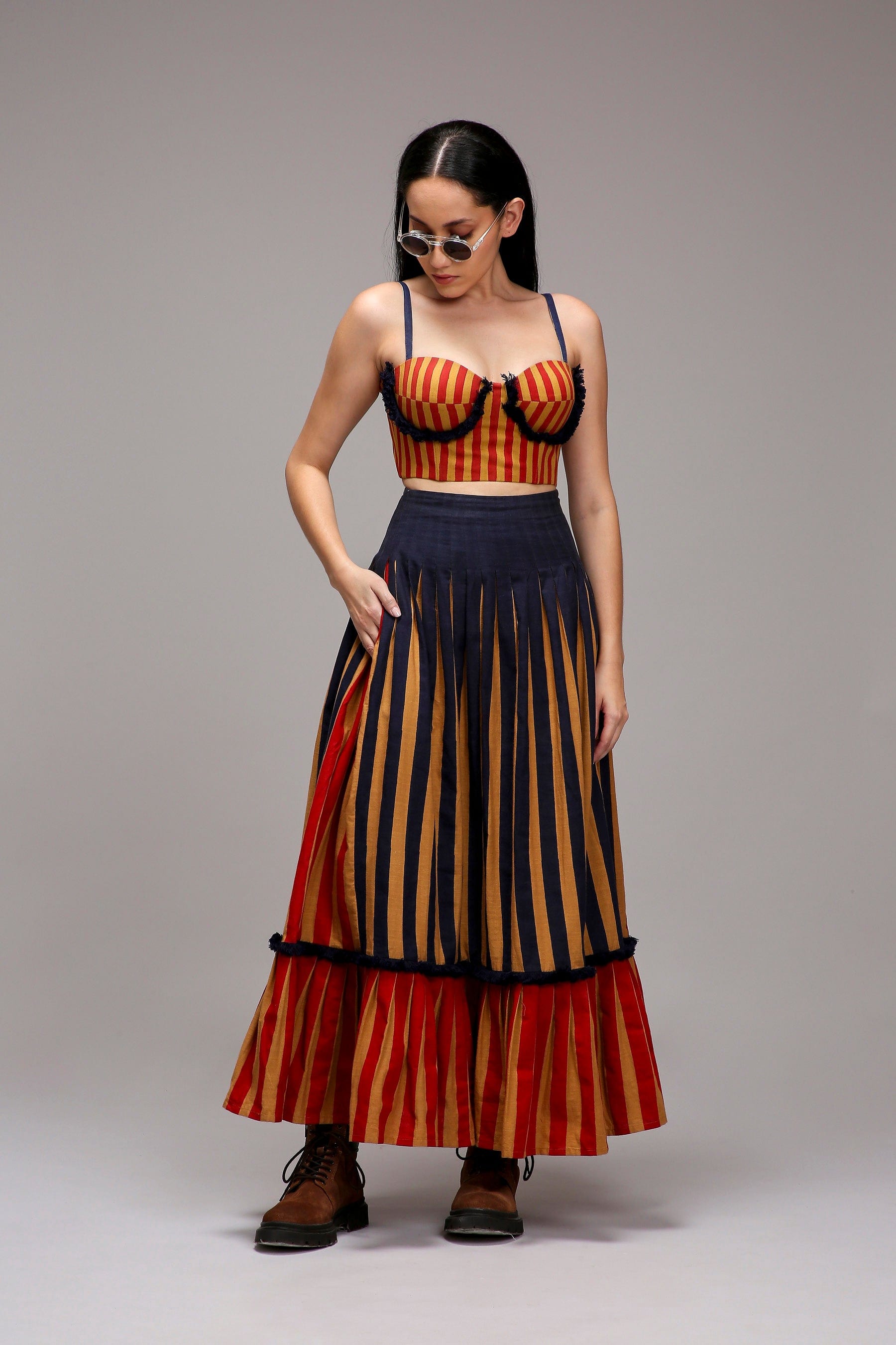 Handwoven cotton 2-piece fringed corset and skirt co-ord set Tan-Brown (Brown) with dual striped skirt by MATI India