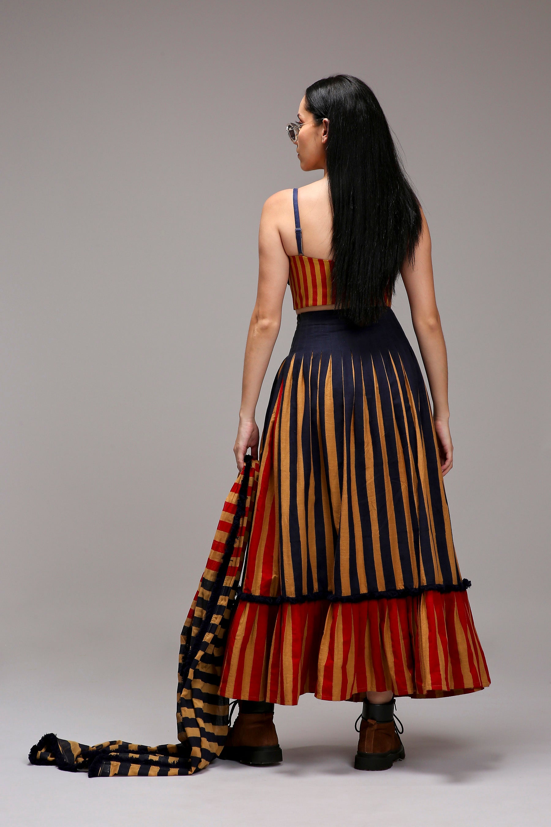 Handwoven cotton 2-piece fringed corset and skirt co-ord set Tan-Brown (Brown) with dual striped skirt by MATI India