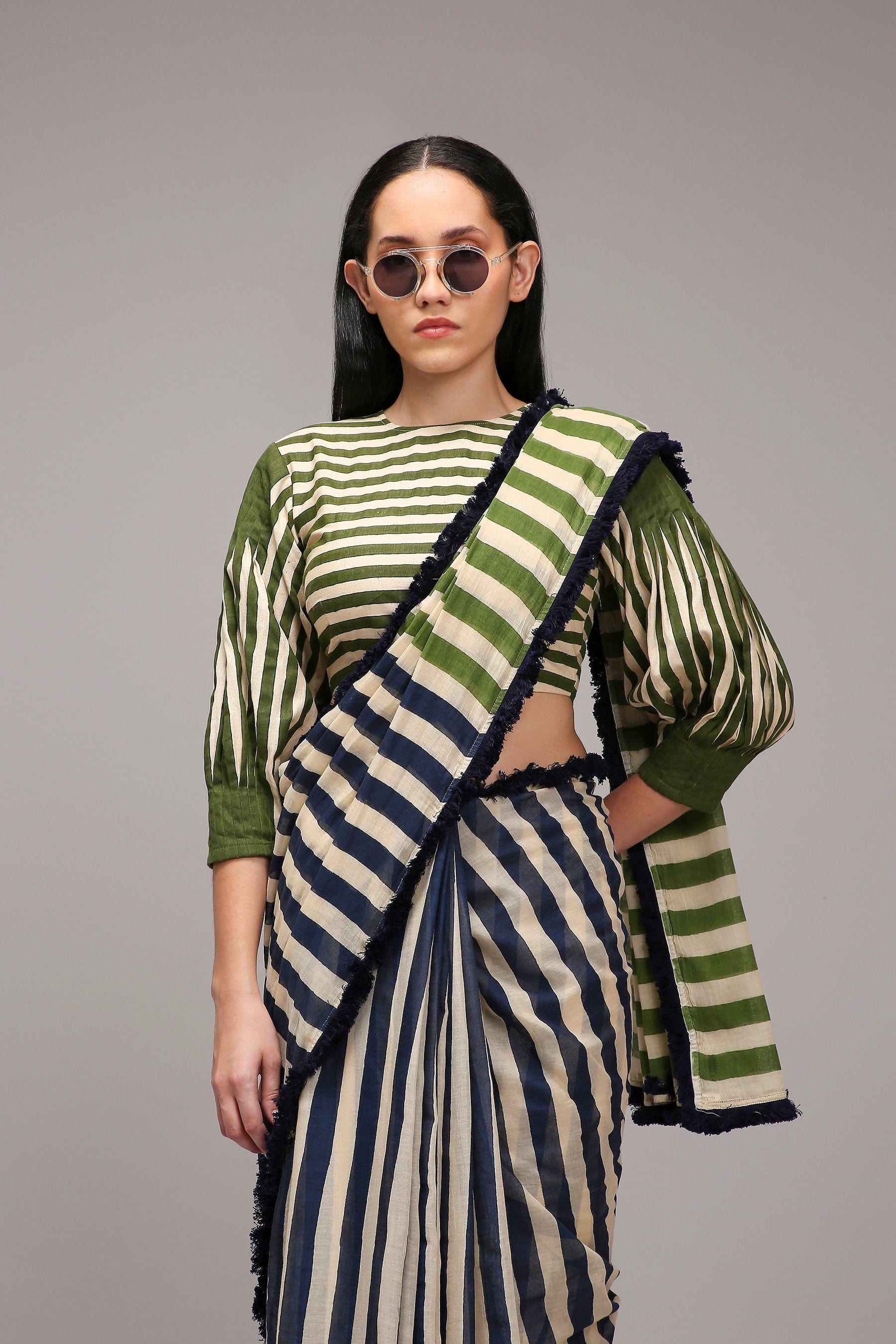 Handwoven cotton 2-piece crop top and saree set Egg-Shell (Off-White) with block-printed mul saree by MATI India