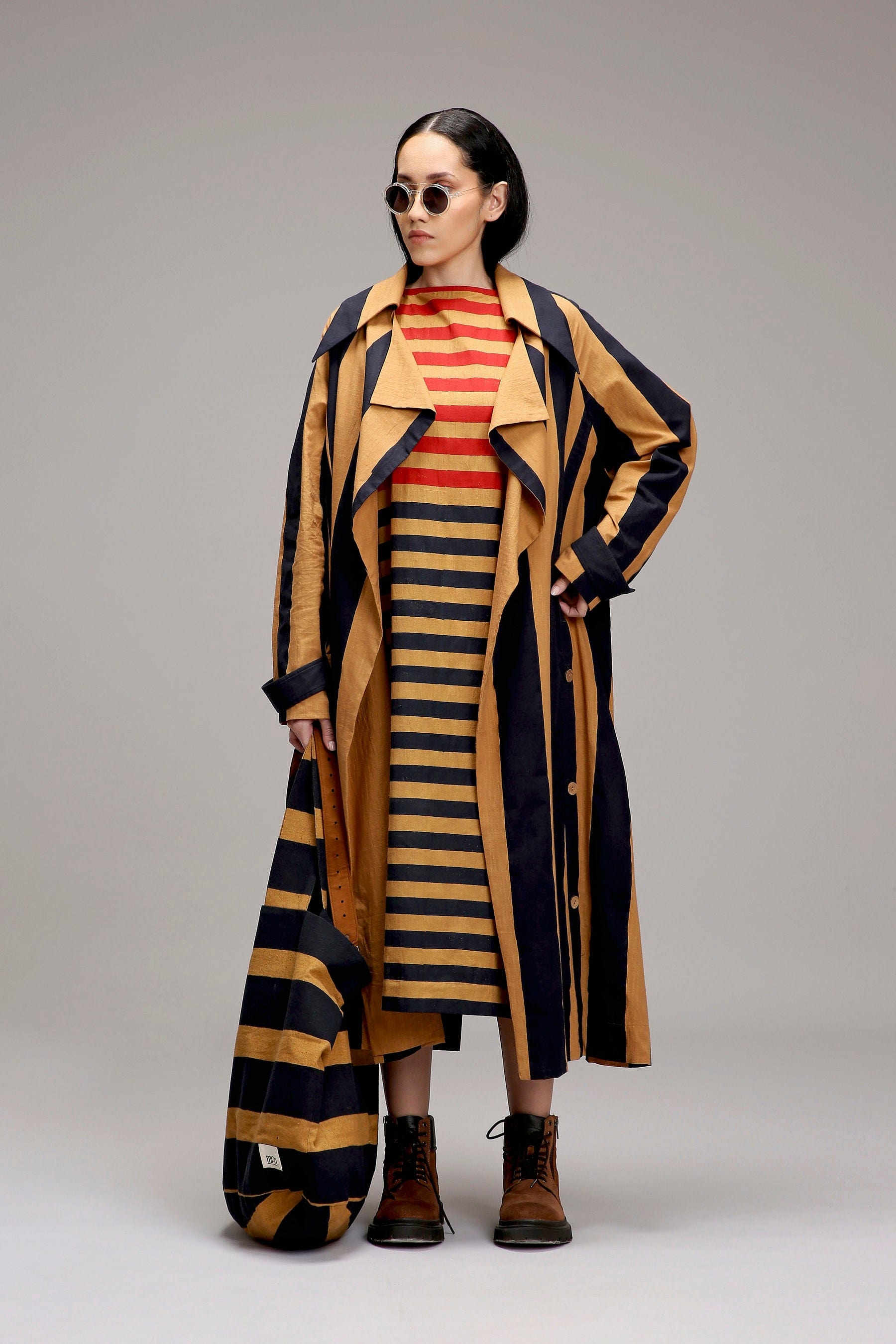 Handwoven cotton Tan-Brown (Brown) dual stripe dress side pockets detail in 2-piece striped jacket co-ord set by MATI India