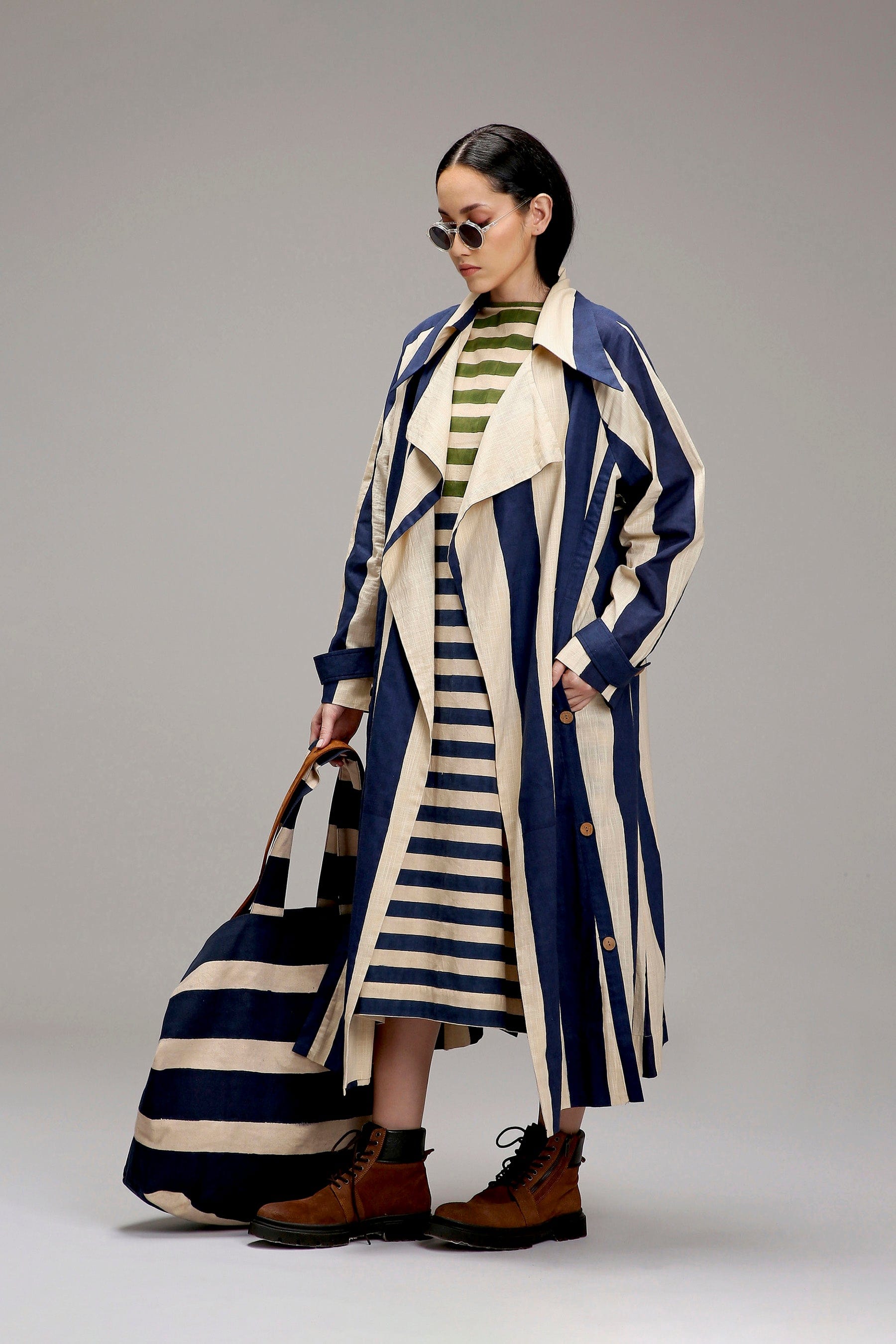 Handwoven cotton 2-piece dual stripe dress and jacket set Egg-Shell (Off-White) by MATI India