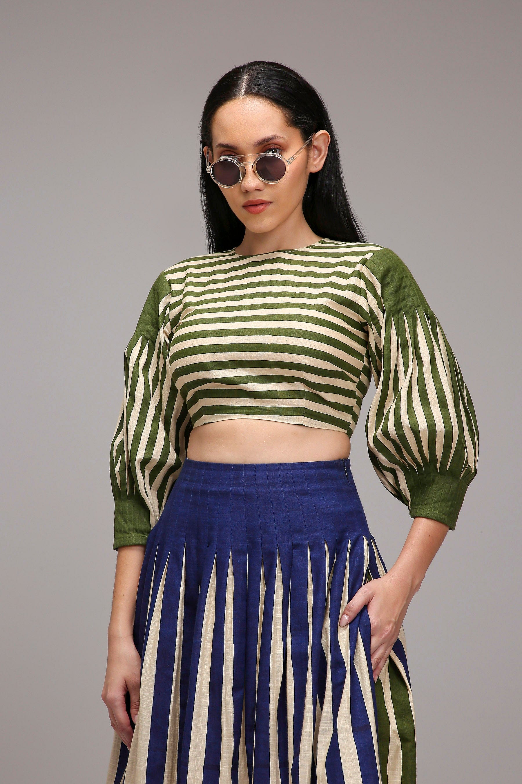 Handwoven cotton Egg-Shell (Off-White) striped crop top and skirt co-ord set by MATI India