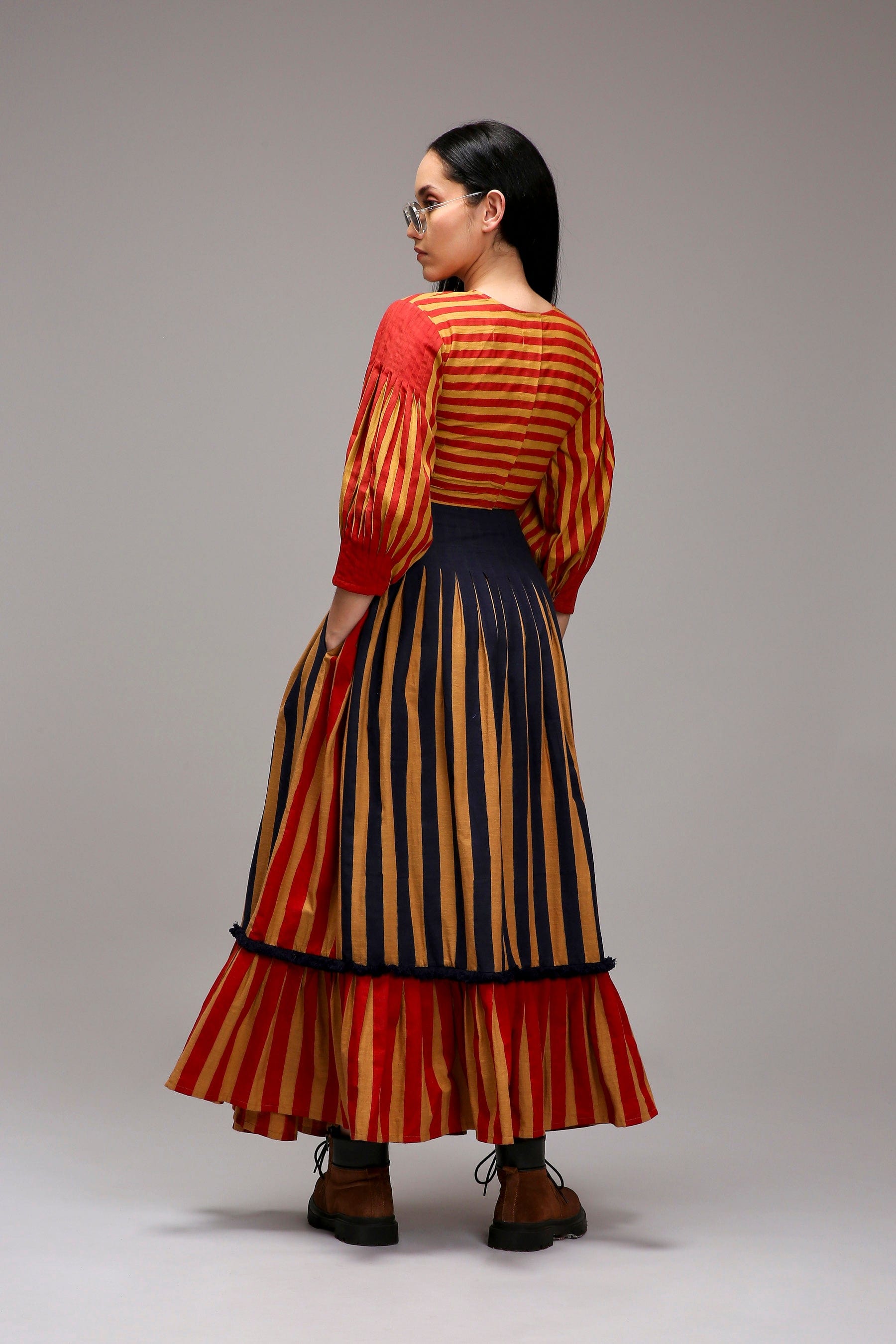 Handwoven cotton 2-piece striped crop top and skirt co-ord set Tan-Brown (Brown) by MATI India