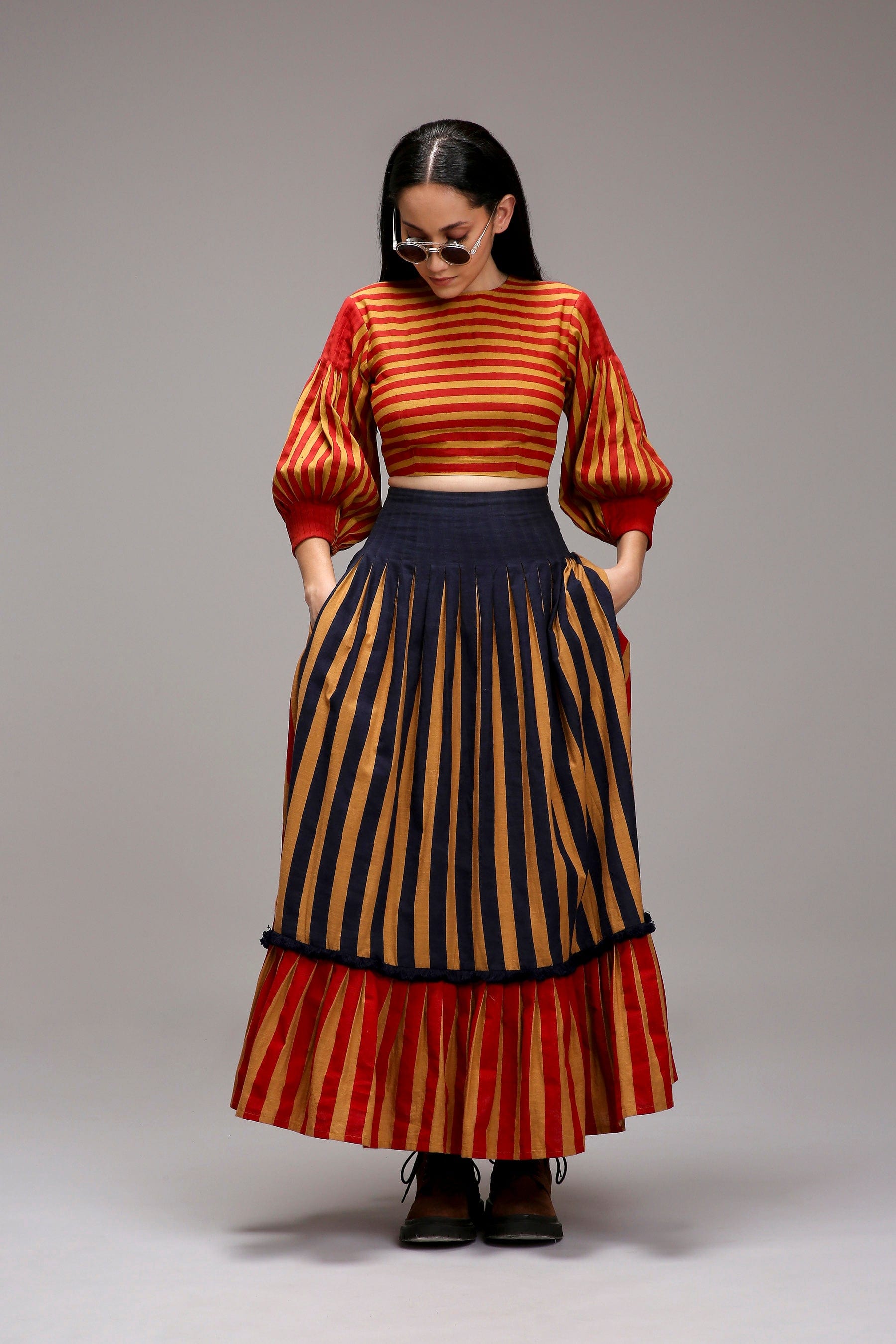 Handwoven cotton 2-piece striped crop top and skirt co-ord set Tan-Brown (Brown) by MATI India