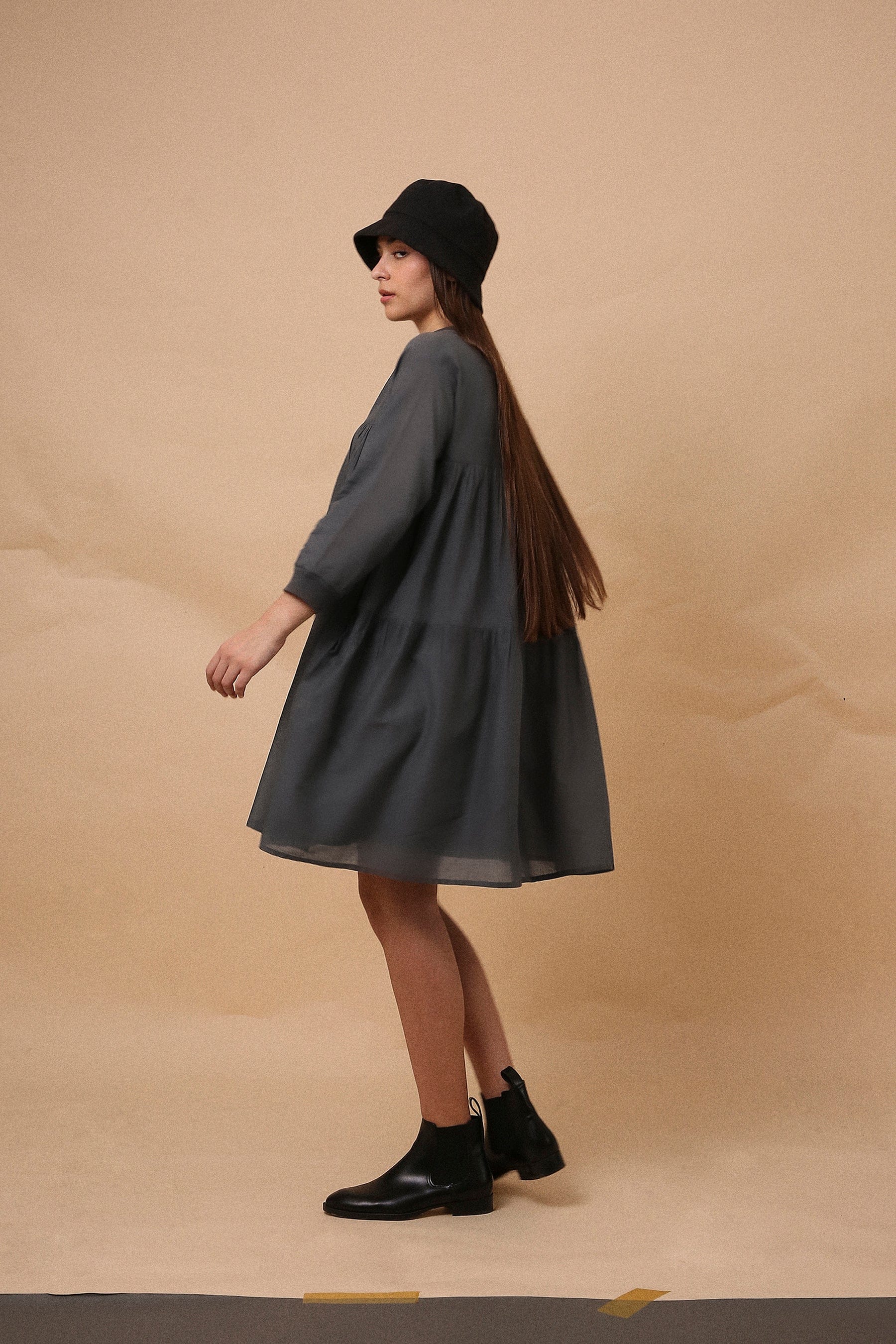 Ash gray cotton mul tiered dress with side detail – handmade in India by MATI