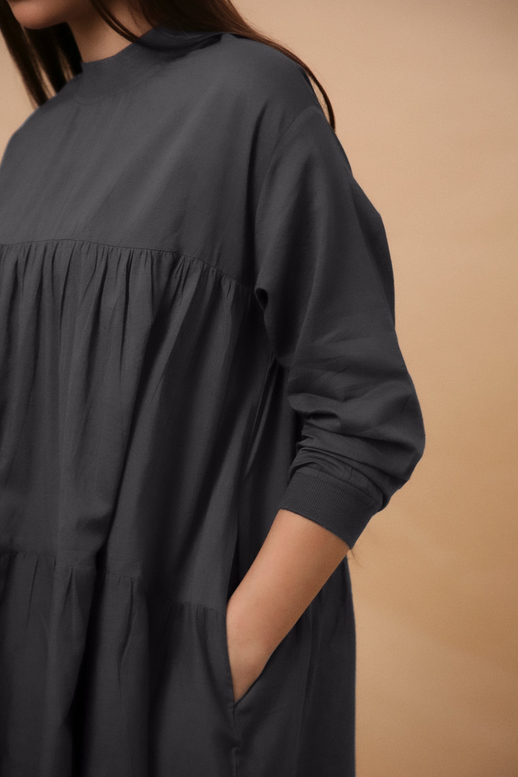 Ash gray cotton mul tiered dress with deep side pockets – handmade in India by MATI