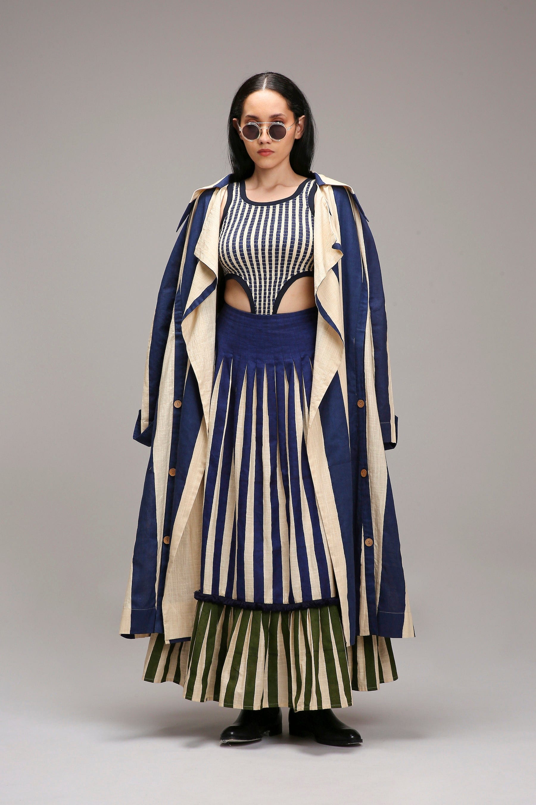 Handwoven cotton 3-piece co-ord set in Egg-Shell (Off-White) with dual striped skirt and smocked bodysuit by MATI India