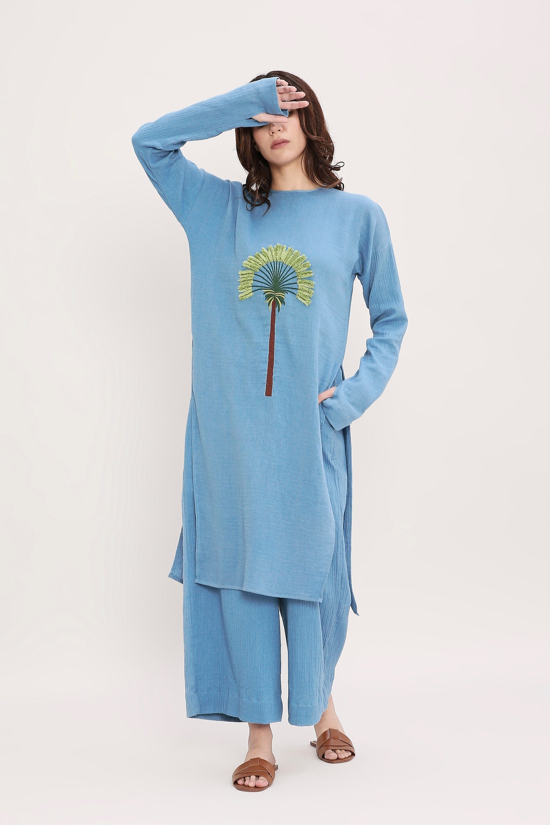 Coco Blue Floral Embroidered Co-Ord Set Front View by MATI