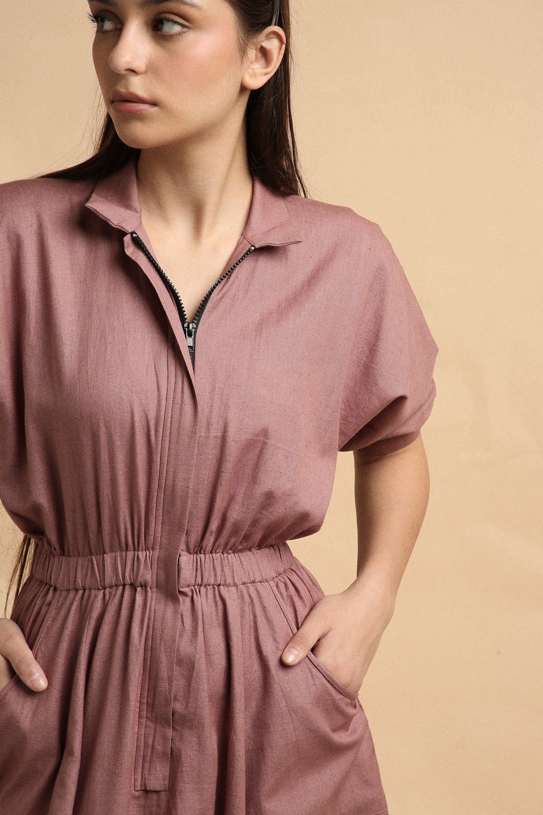 Handwoven cotton collar sphara jumpsuit in blush by Mati India