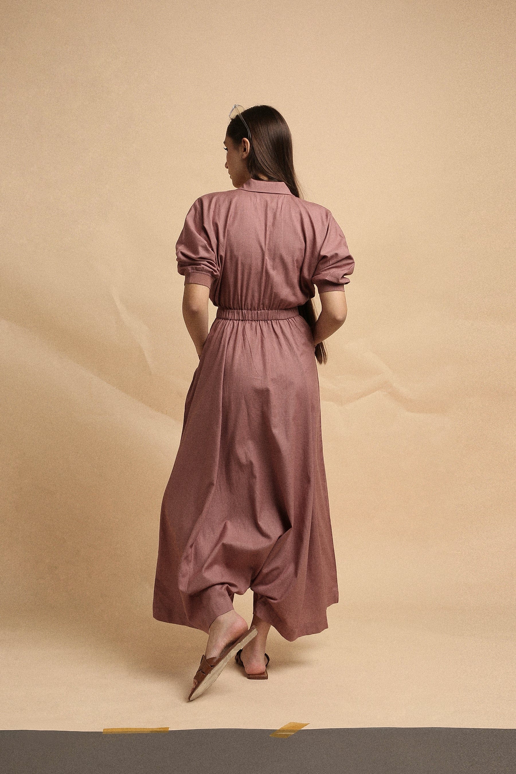 Handwoven cotton collar sphara jumpsuit in blush by Mati India
