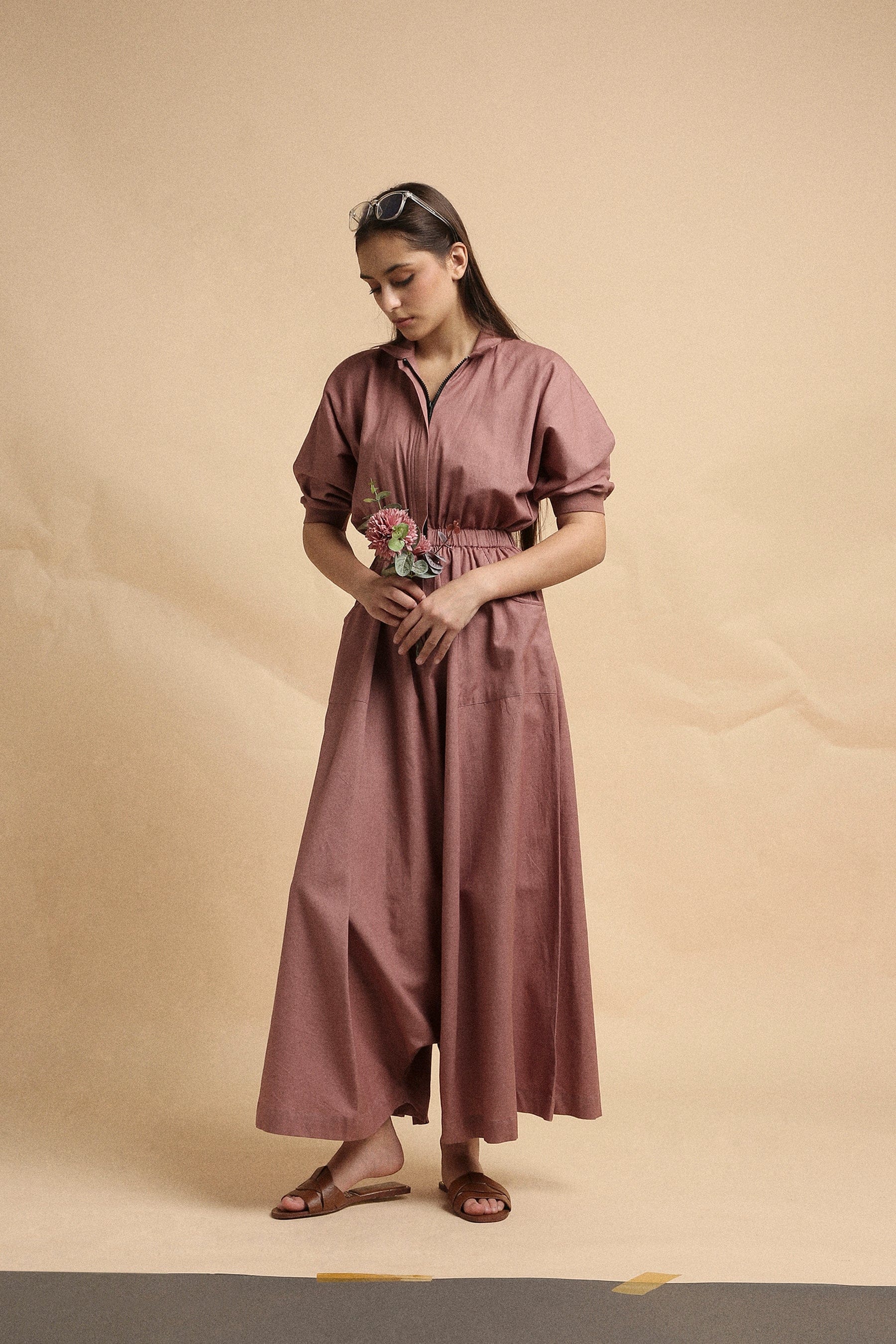 Handwoven cotton collar sphara jumpsuit in blush by Mati India