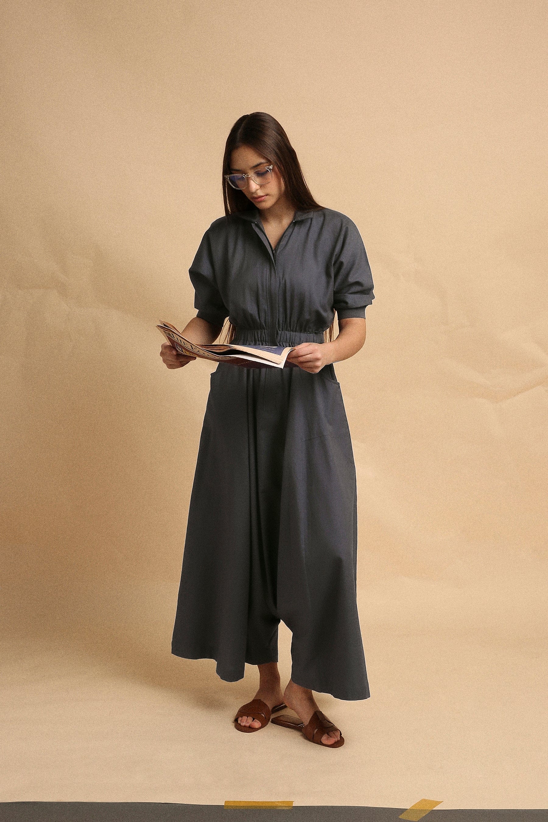 Handwoven cotton collar sphara jumpsuit in ash gray by Mati India