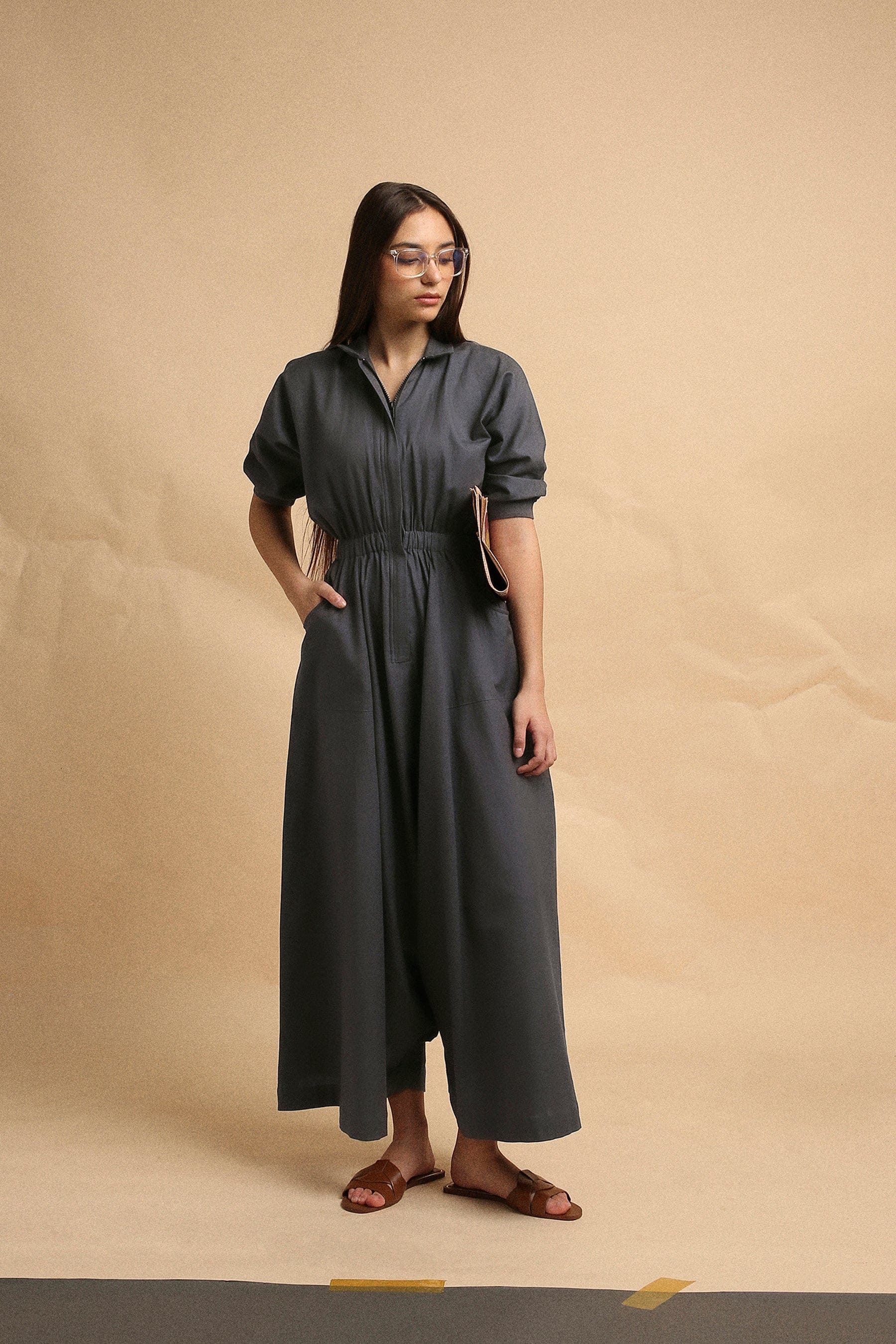 Handwoven cotton collar sphara jumpsuit in ash gray by Mati India