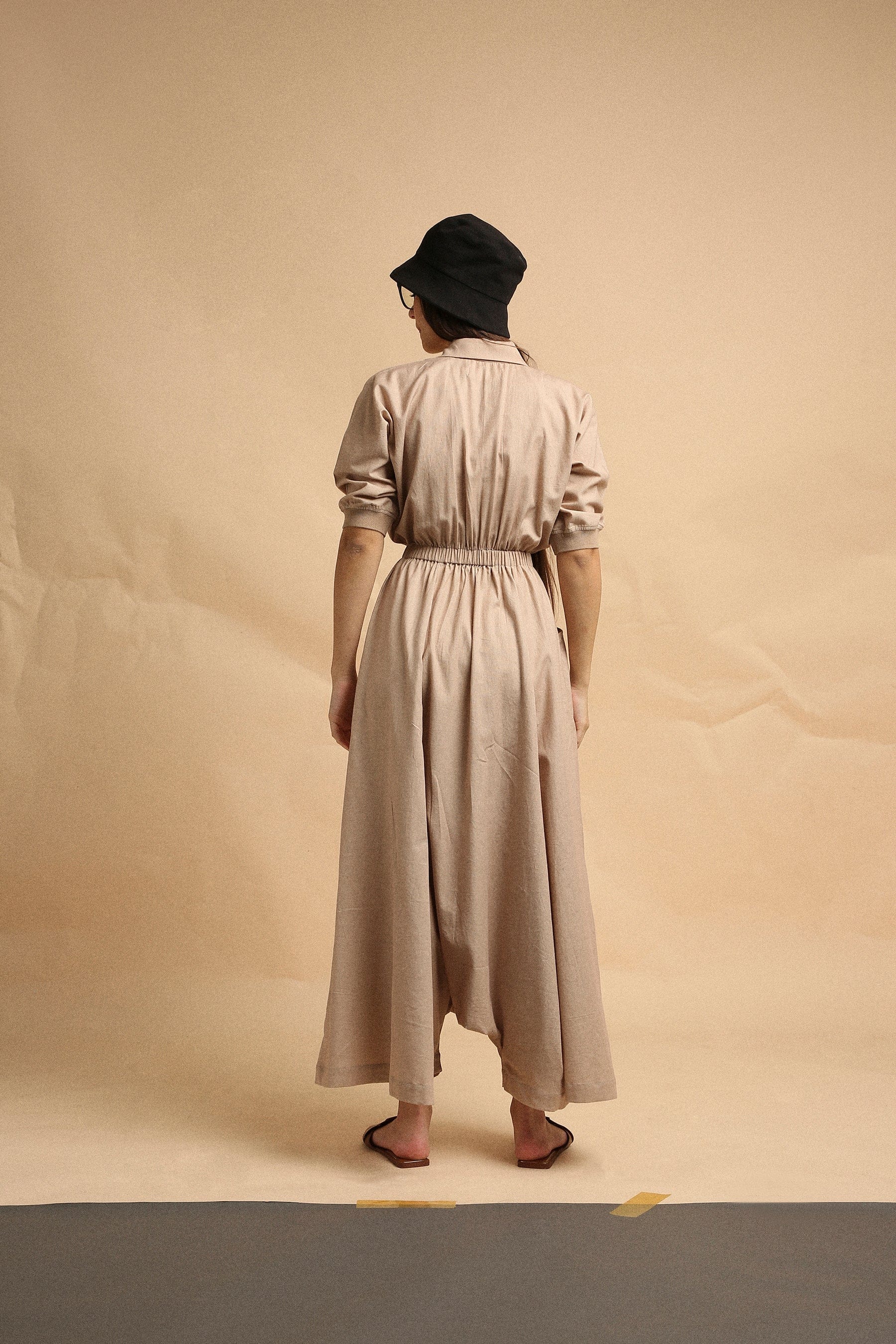 Handwoven cotton collar sphara jumpsuit in sand by Mati India