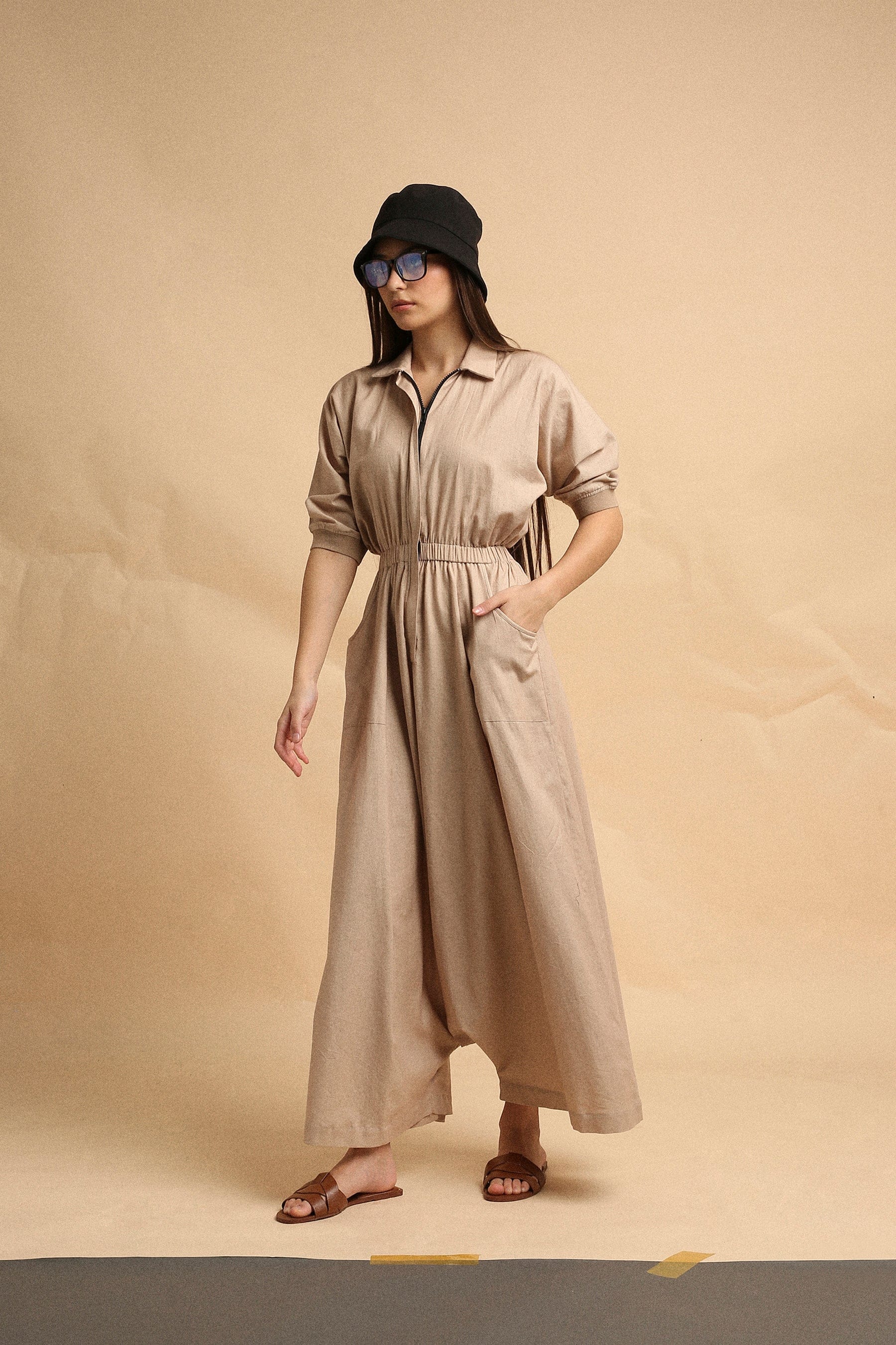 Handwoven cotton collar sphara jumpsuit in sand by Mati India