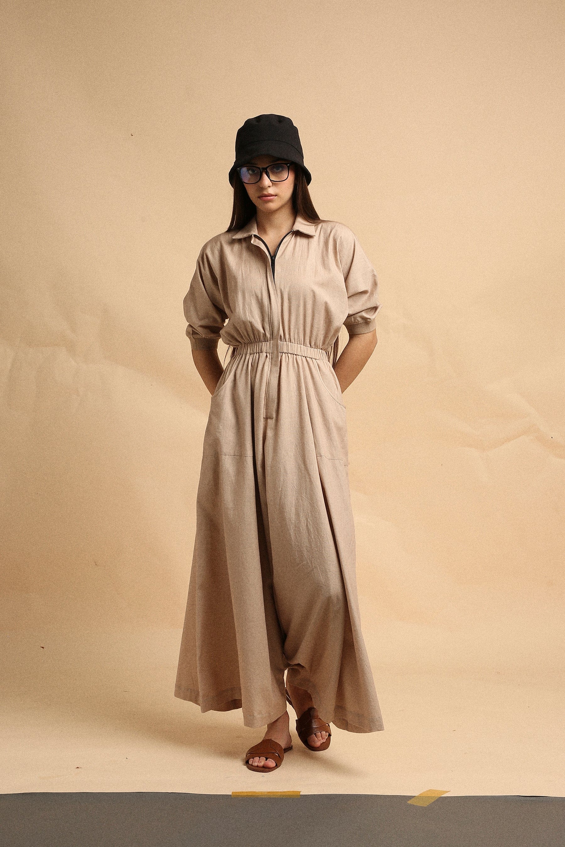 Handwoven cotton collar sphara jumpsuit in sand by Mati India