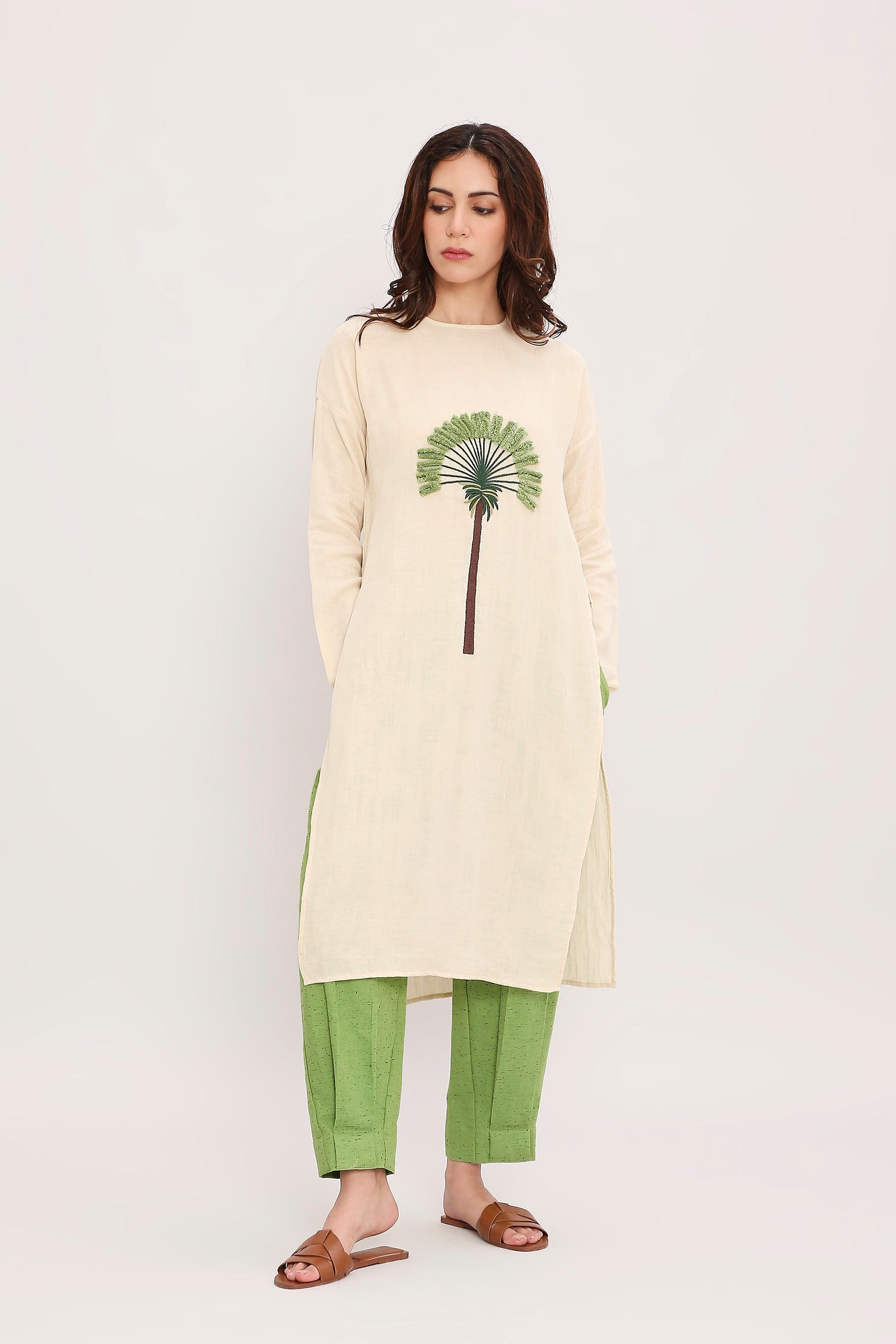 Coco Cream & Green Floral Embroidered Co-Ord Set Front View by MATI
