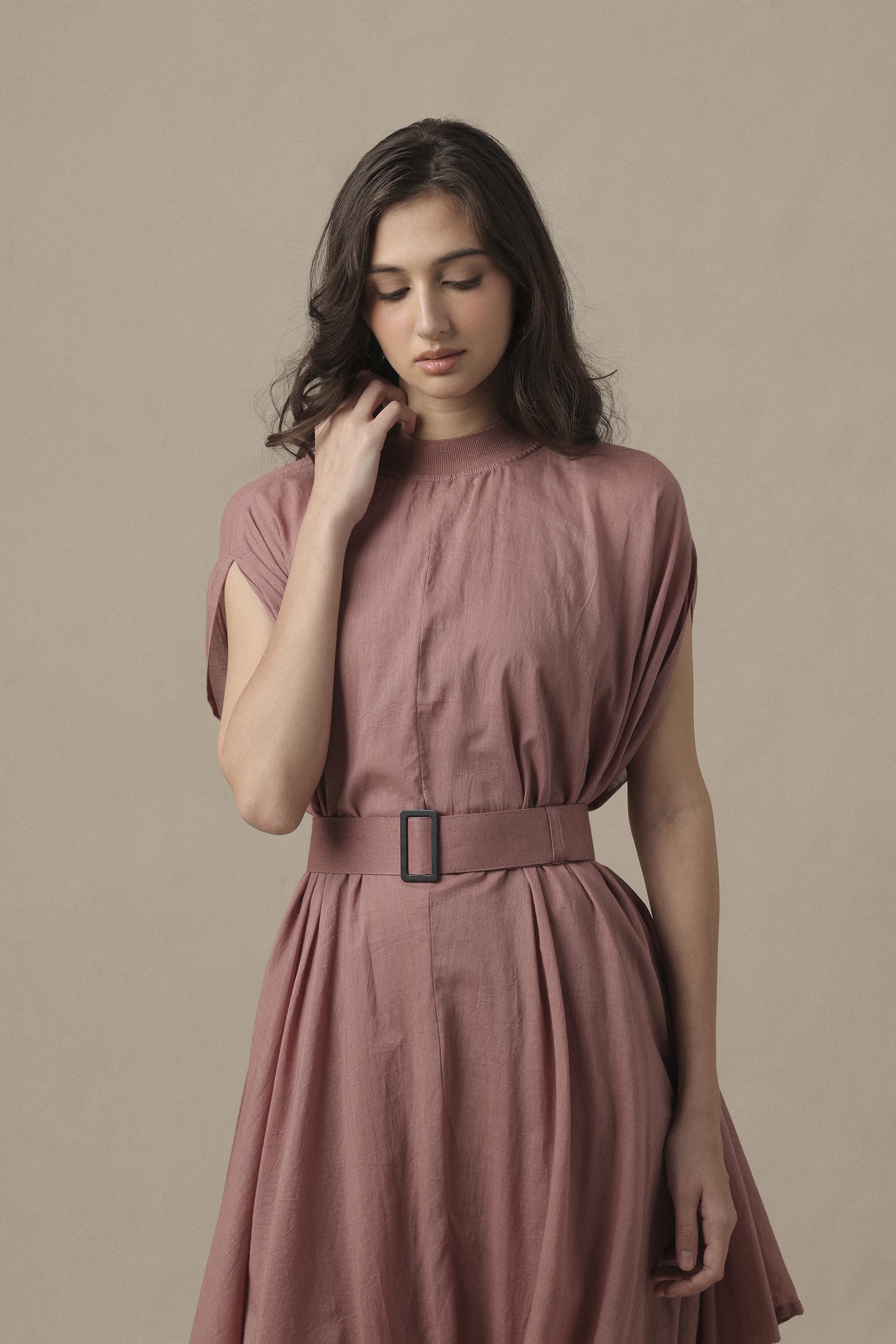 Mati Dresses Belted Blush Cowl Dress
