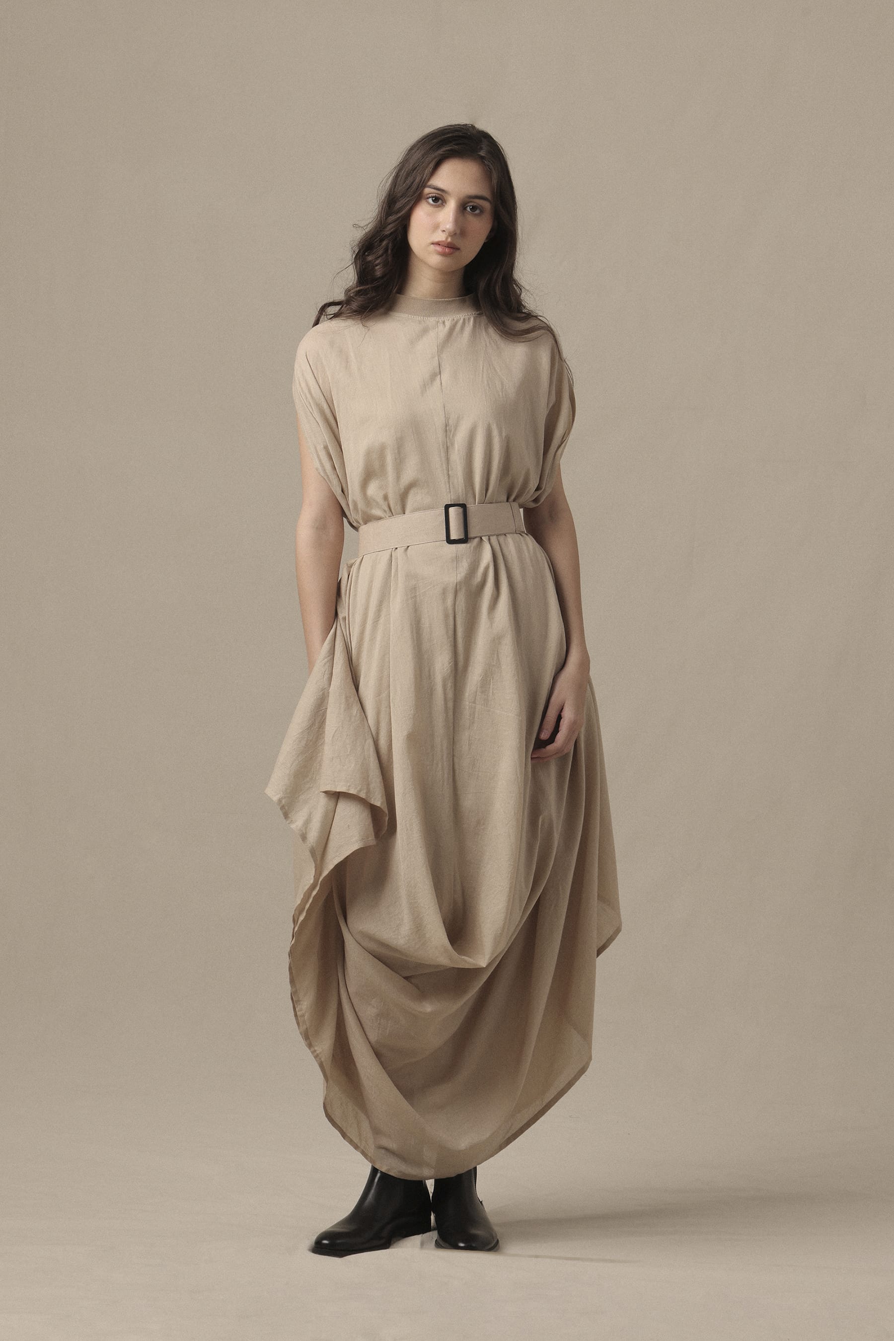 Mati Dresses Belted Sand Cowl Dress