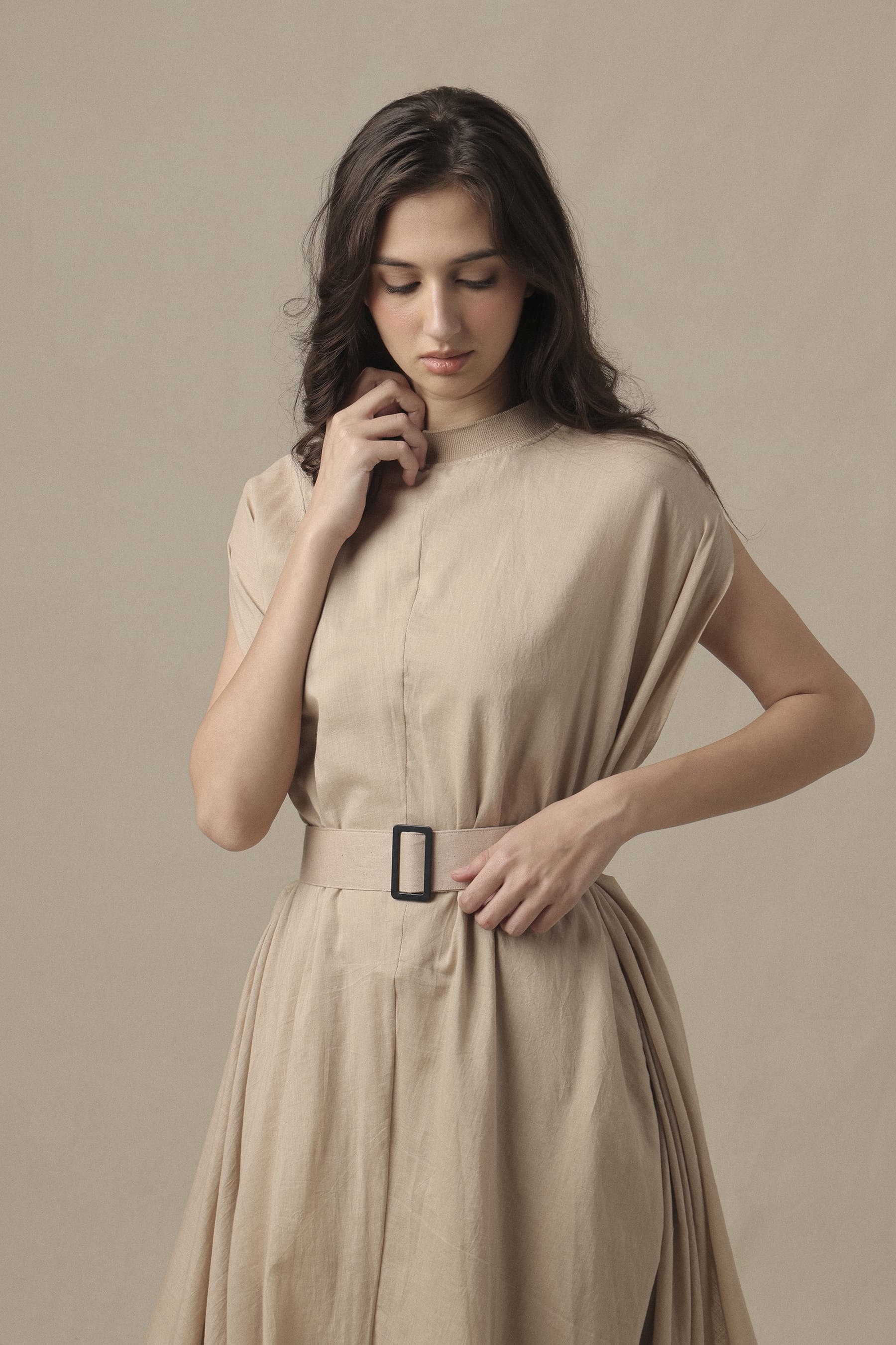 Mati Dresses Belted Sand Cowl Dress