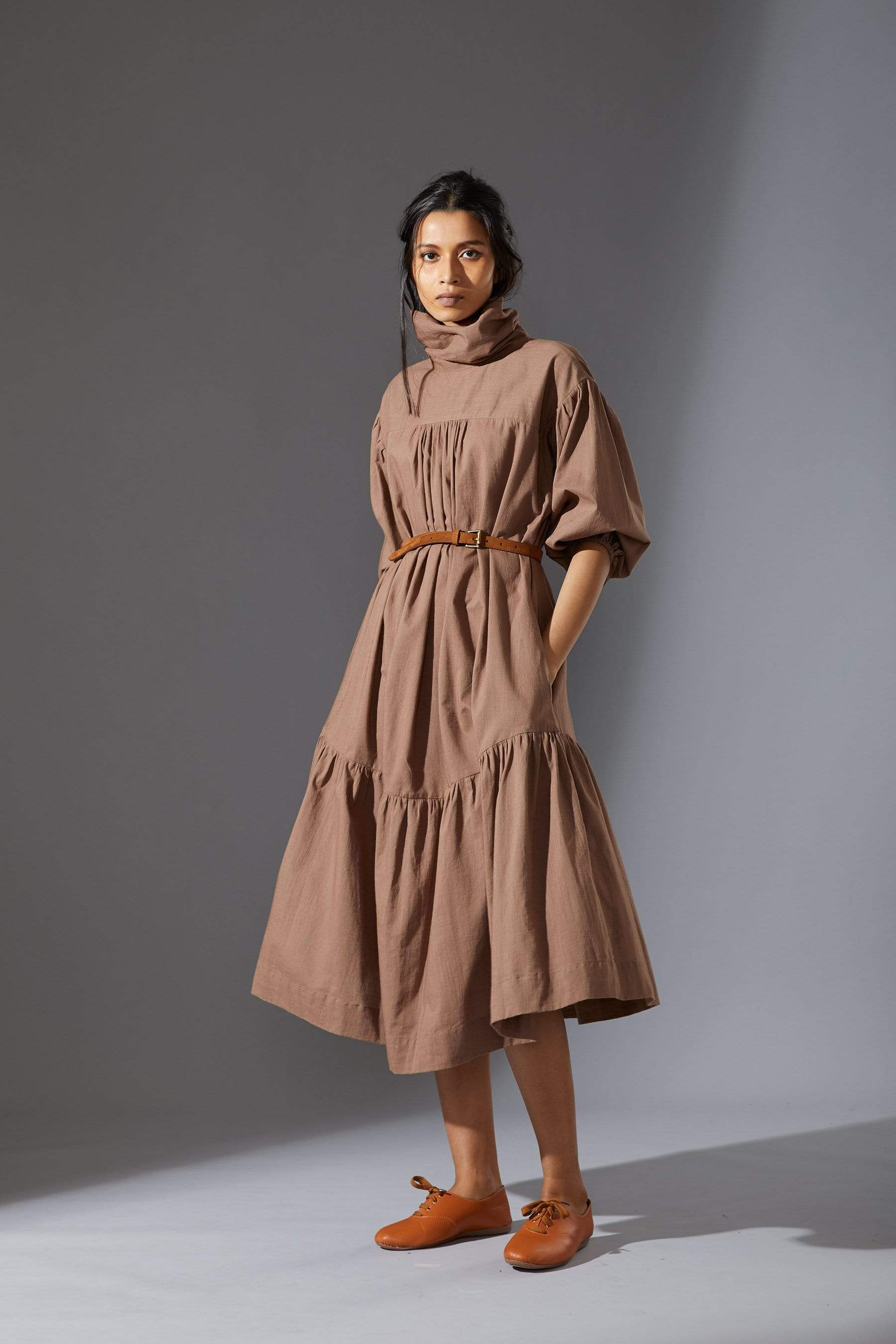 Handcrafted from Handwoven Organic Cotton, Beige Dresses for Women by Sustainable Fashion Designer Clothing Label MATI