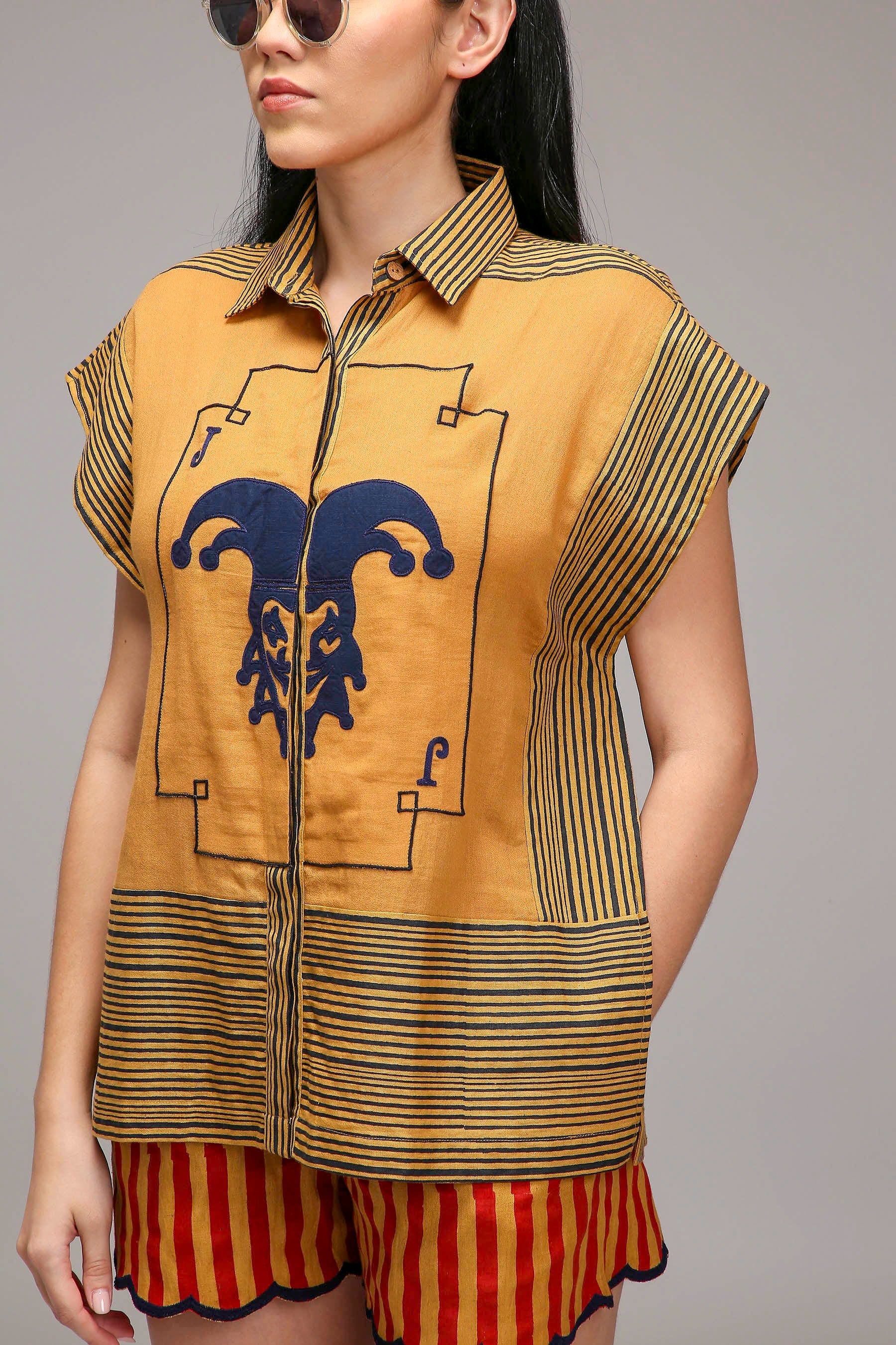 Mati Dresses Tan-Brown Blue Striped Blue Joker Shirt