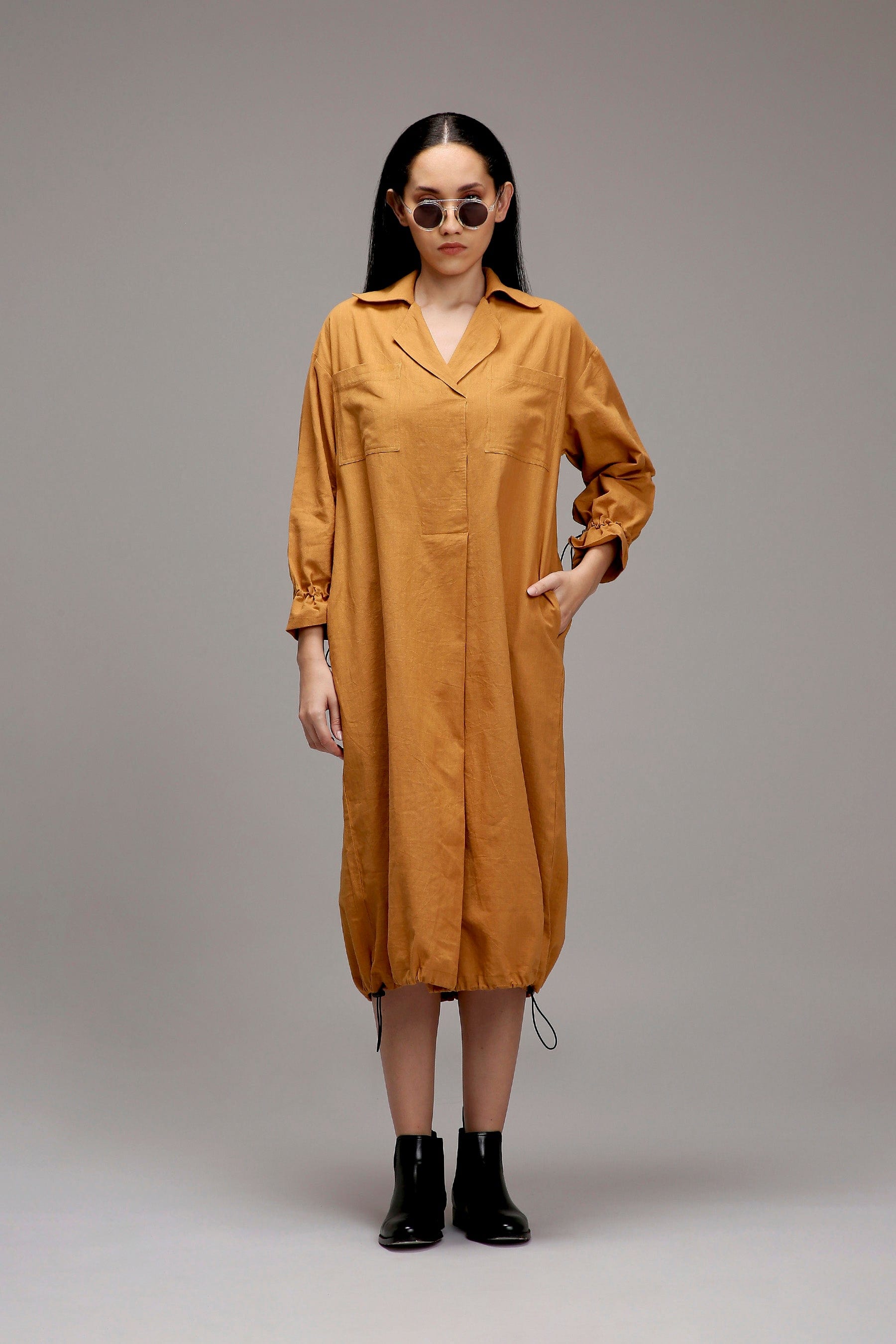 Mati Dresses Tan-Brown Elasticated Shirt Dress