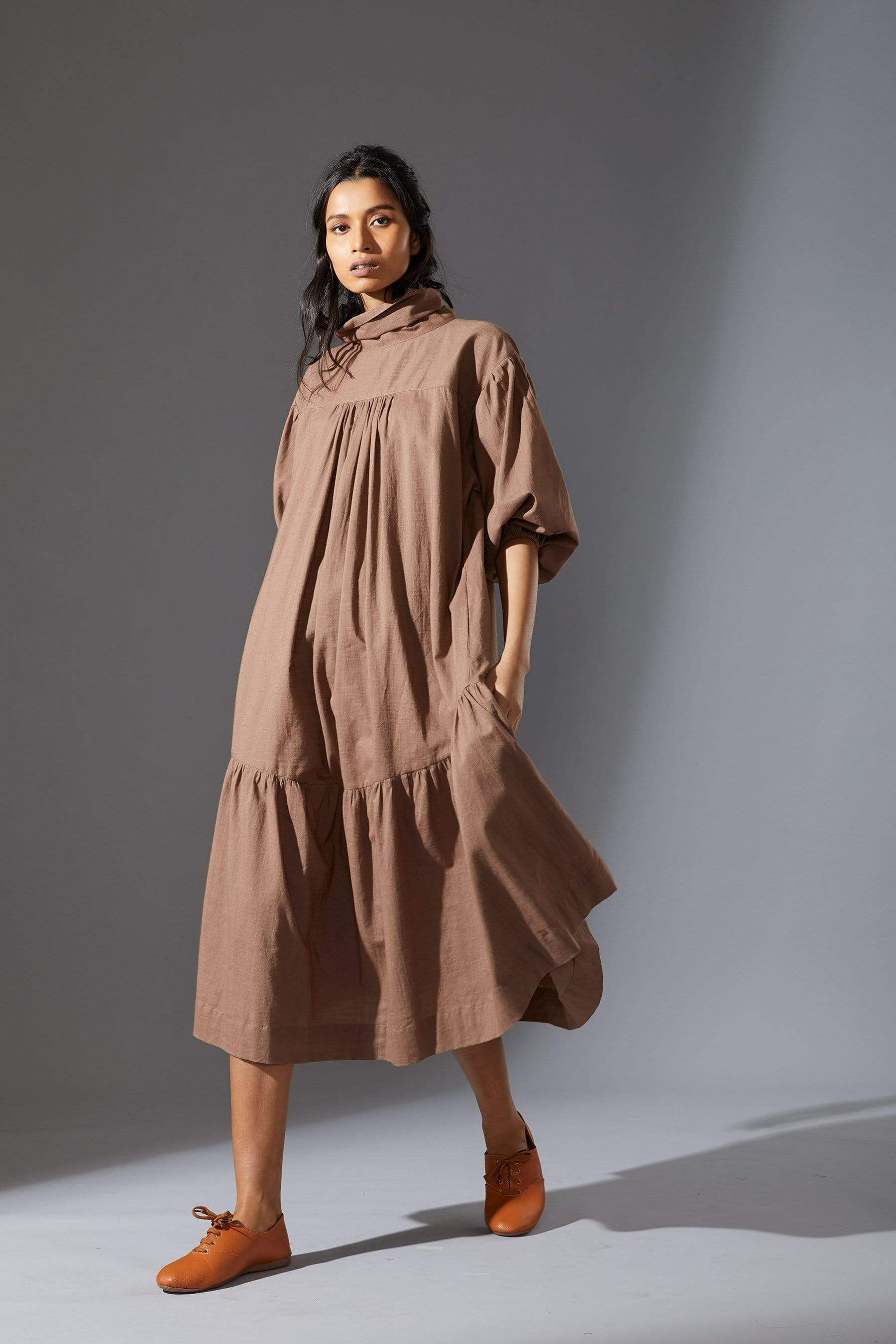 Handcrafted from Handwoven Organic Cotton, Beige Dresses for Women by Sustainable Fashion Designer Clothing Label MATI
