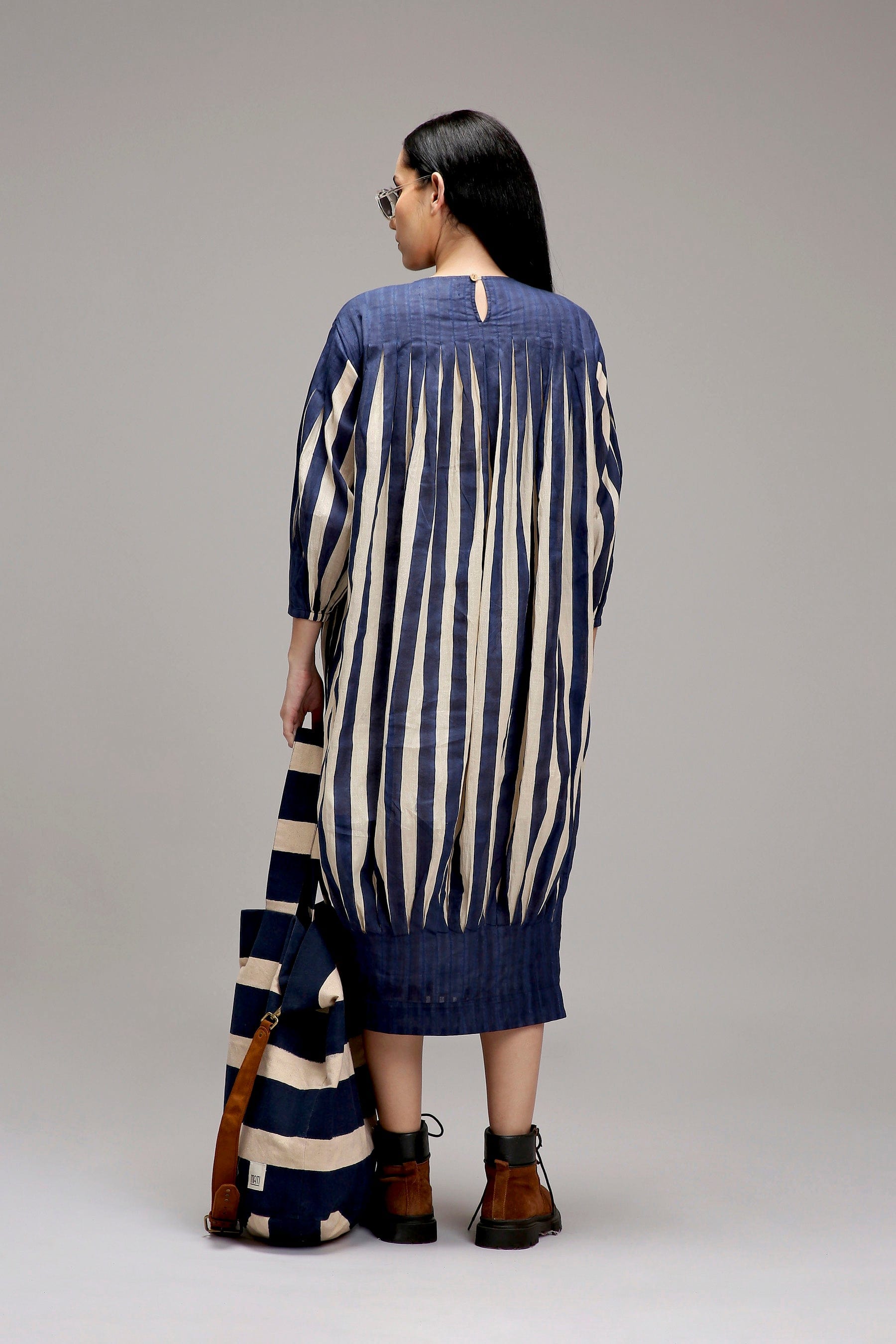 Egg-Shell Blue Striped Balloon Dress — back button opening — MATI