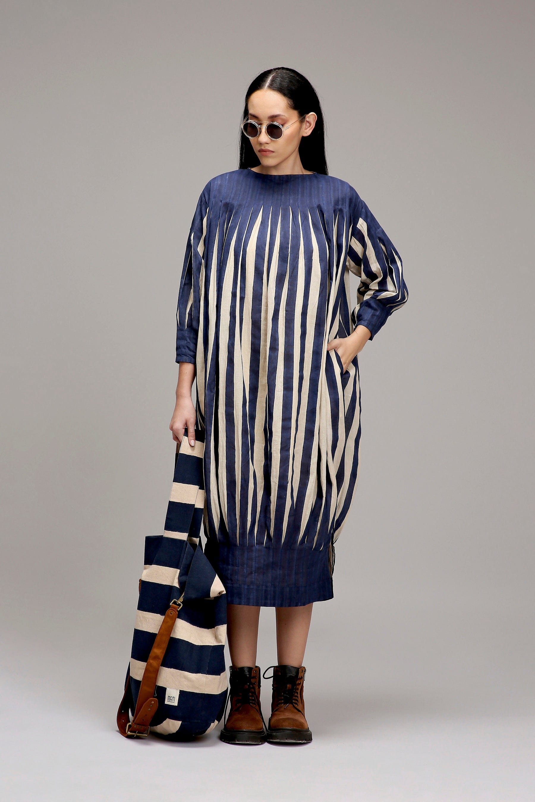 Egg-Shell Blue Striped Handwoven Cotton Balloon Dress — full length — MATI