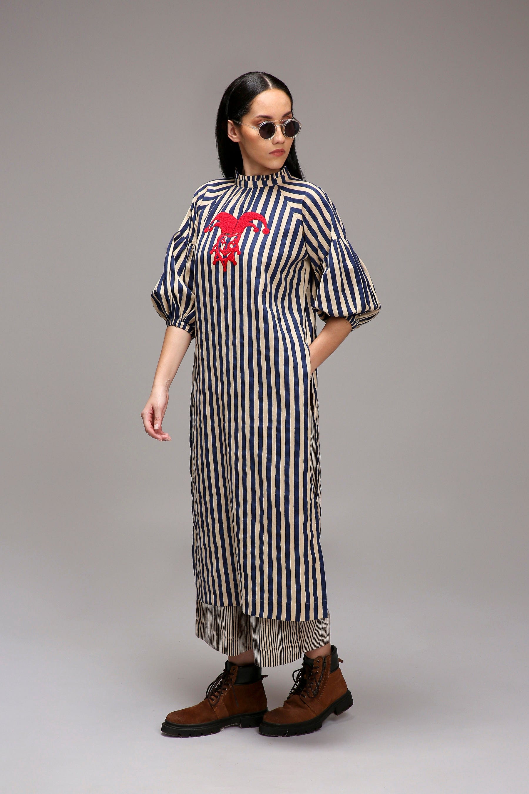 Egg-Shell Blue Striped Handspun Cotton Big Joker Tunic — full length — MATI