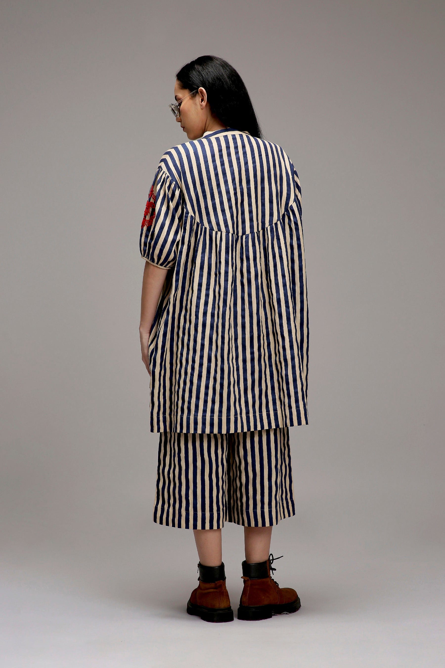 Egg-Shell Blue Striped Handspun Cotton Short Acra Tunic — back view — MATI