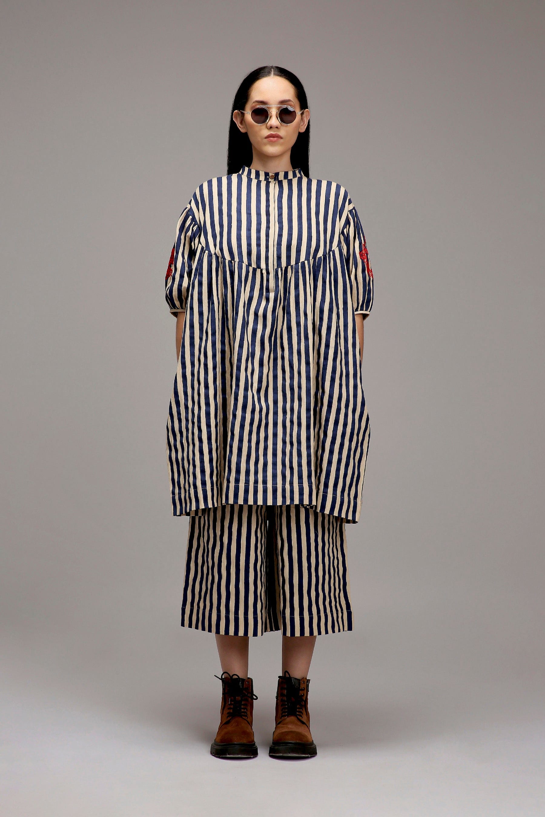 Egg-Shell Blue Striped Handspun Cotton Short Acra Tunic — front view — MATI