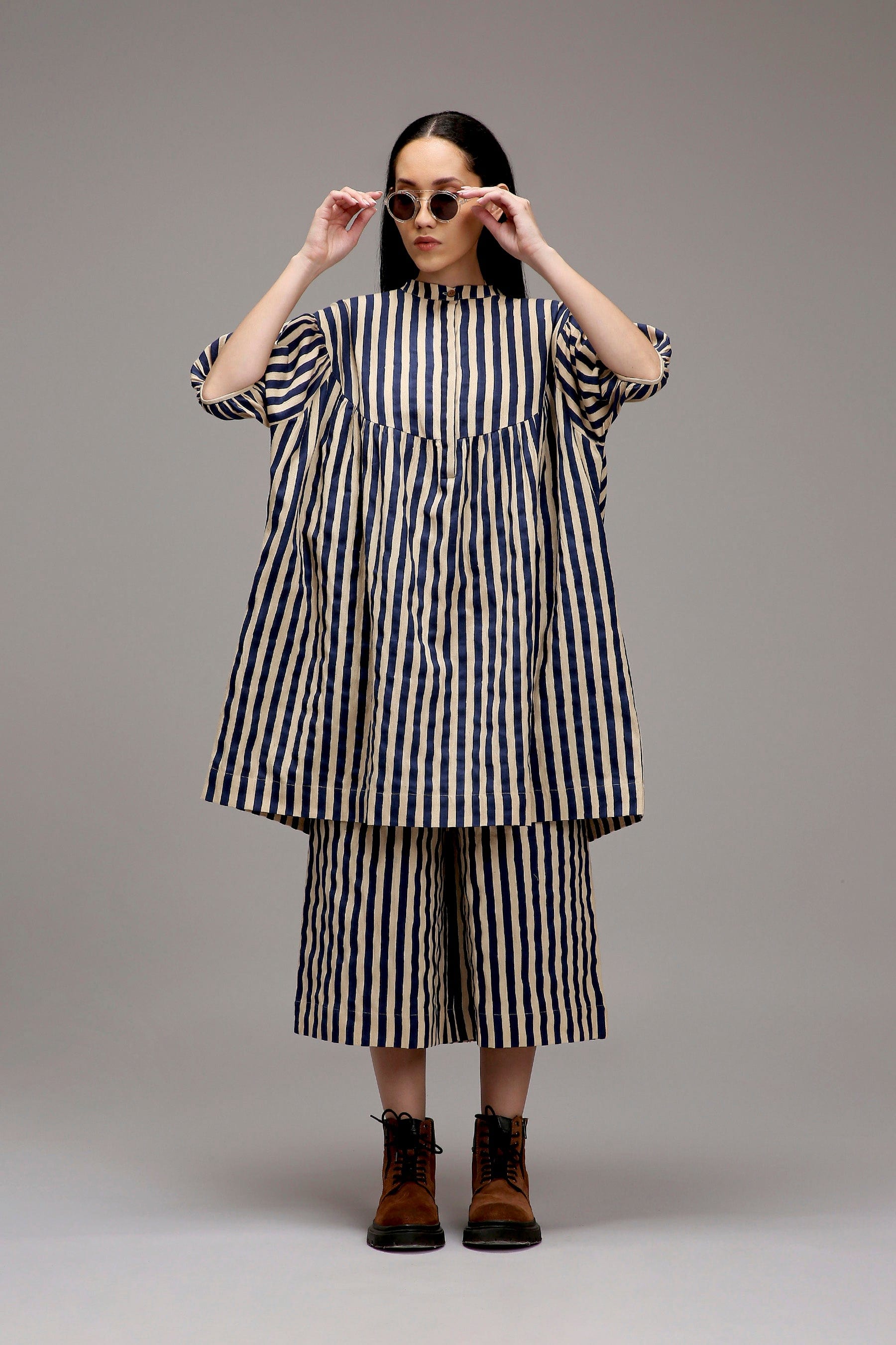 Egg-Shell Blue Striped Handspun Cotton Short Acra Tunic — full length — MATI