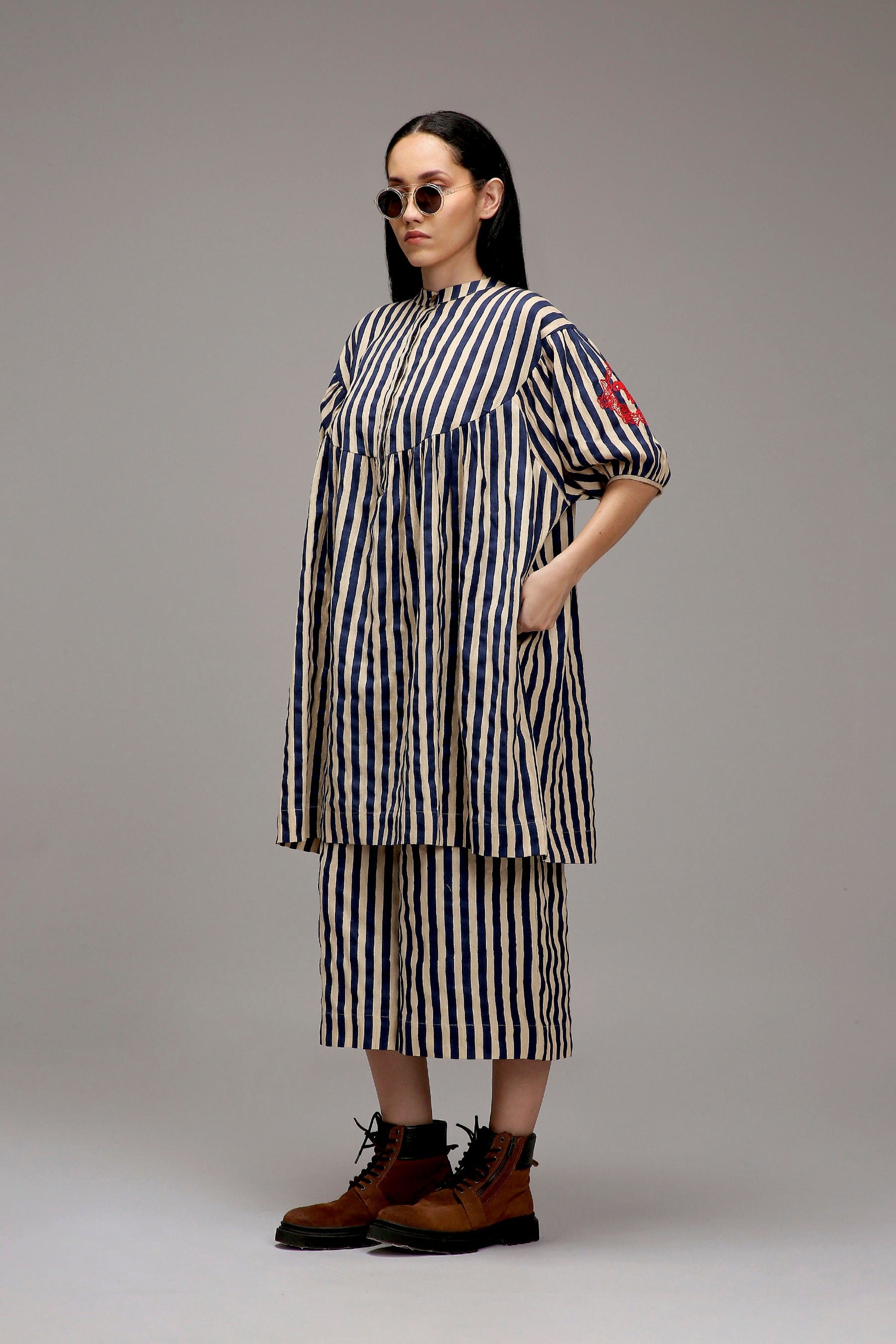 Egg-Shell Blue Striped Short Acra Tunic — side view — MATI