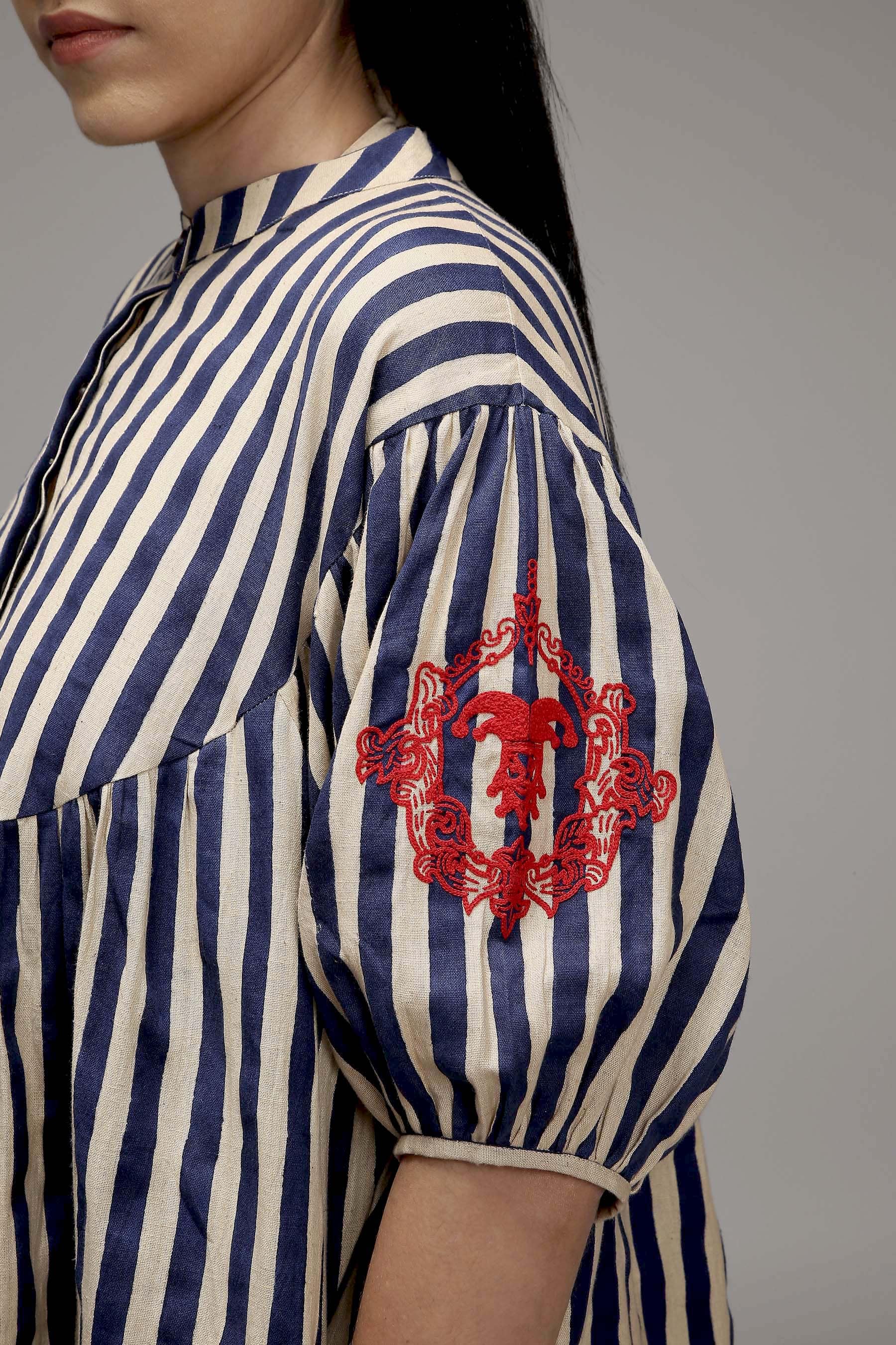 Egg-Shell Blue Striped Short Acra Tunic — pleated shoulder detail — MATI